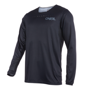 Das O'NEAL ELEMENT FR Jersey PLAIN ist ein schwarzes Langarm-MTB-Trikot mit dem Markennamen „O'NEAL“ in Weiß auf der oberen linken Brust. Das Design ist minimalistisch, mit atmungsaktivem Mesh-Material unter den Armen und kleinen Perforationen in Kragennähe für optimale Belüftung – perfekt für Enduro- oder Downhill-Fahrten.
