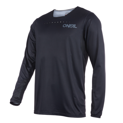 Das O'NEAL ELEMENT FR Jersey PLAIN ist ein schwarzes Langarm-MTB-Trikot mit dem Markennamen „O'NEAL“ in Weiß auf der oberen linken Brust. Das Design ist minimalistisch, mit atmungsaktivem Mesh-Material unter den Armen und kleinen Perforationen in Kragennähe für optimale Belüftung – perfekt für Enduro- oder Downhill-Fahrten.