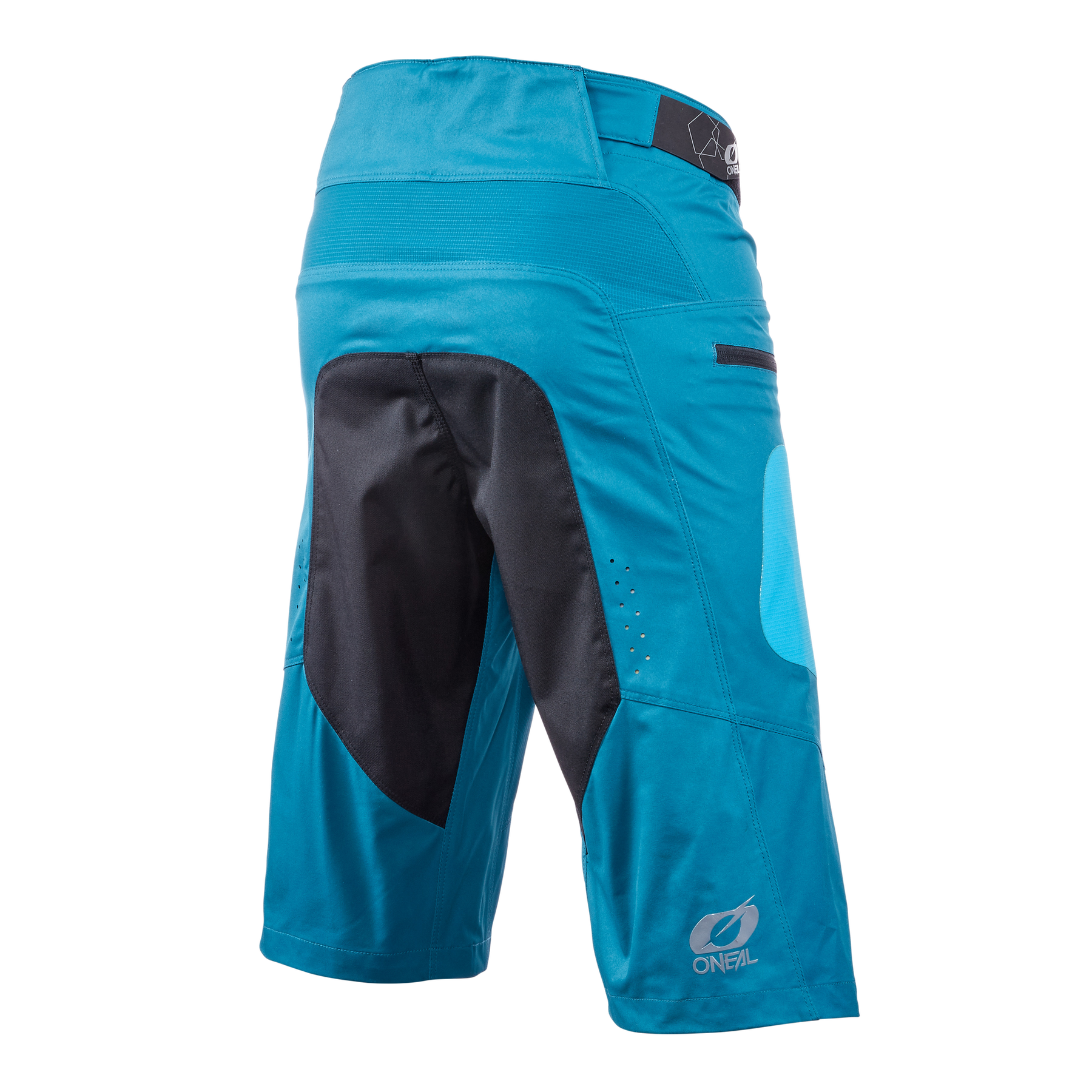 Die blau-schwarze O'NEAL ELEMENT FR Shorts HYBRID (von hinten) mit hohem Bund, seitlichen Reißverschlusstaschen, Belüftungslöchern und verstärktem Sitz - die perfekte Trail-Ausrüstung von O'NEAL.