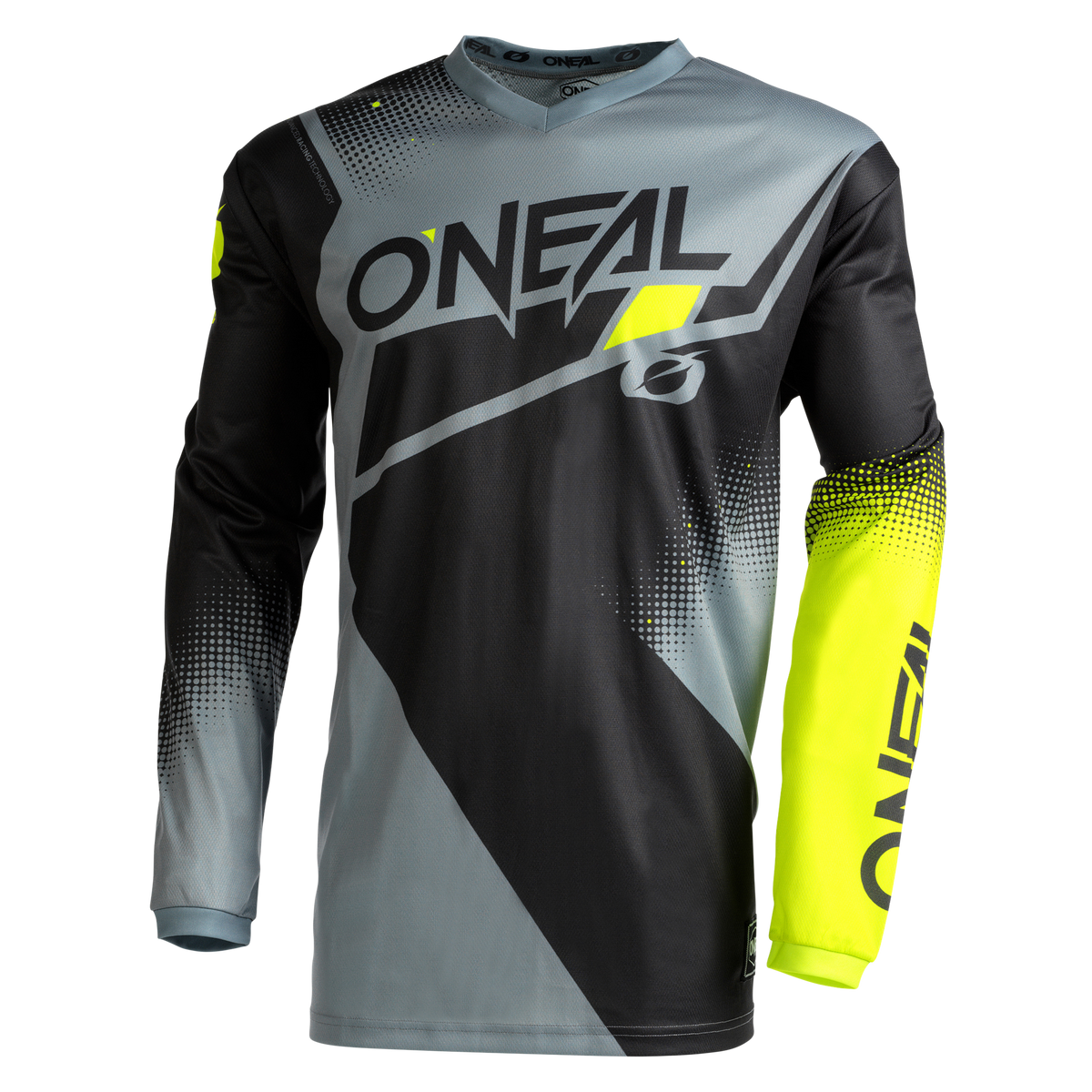Das O'NEAL ELEMENT Jersey RACEWEAR ist ein schwarzes, graues und neongelbes Langarmtrikot mit auffälligen geometrischen Grafiken, atmungsaktivem Material und O'NEAL-Logos auf der Brust und dem linken Ärmel für einen perfekten Sitz.