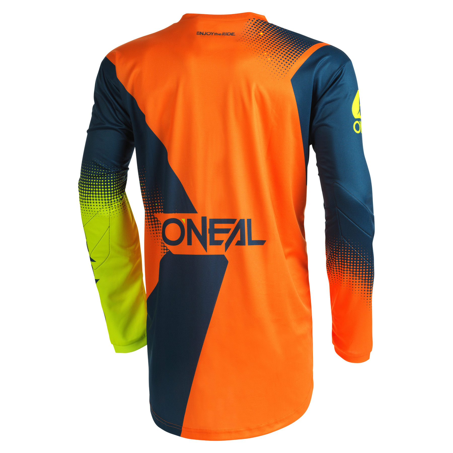 Das O'NEAL ELEMENT Jersey RACEWEAR von O'NEAL ist ein langärmeliges Motocross-Trikot in Orange, Marine und Gelb mit auffälligen Mustern und dem Schriftzug "ONEAL" auf dem Rücken. Es bietet atmungsaktives Material für Komfort und eine perfekte Passform.