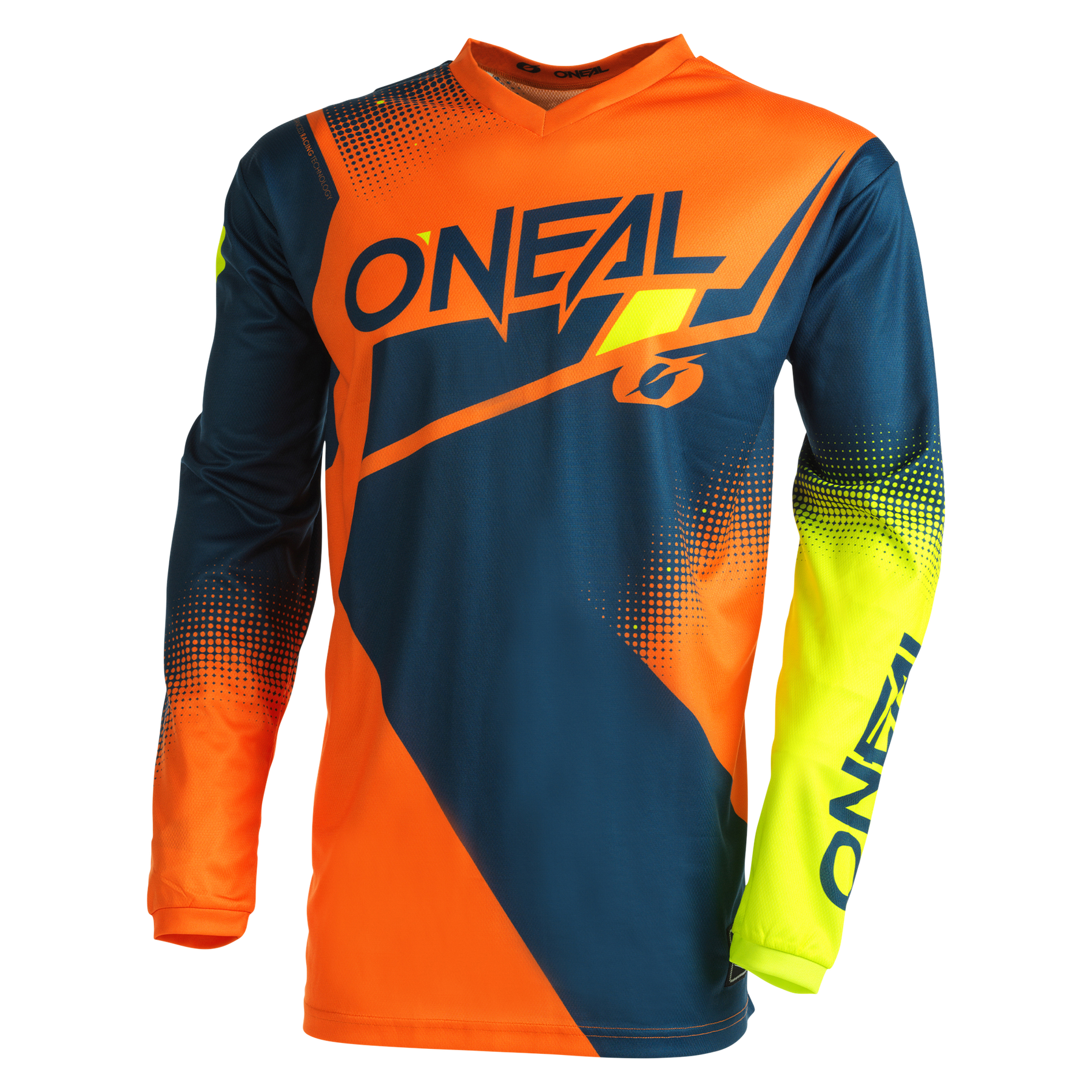 Das O'NEAL ELEMENT Jersey RACEWEAR von O'NEAL besticht durch eine auffällige Grafik in Orange, Marineblau und Neongelb mit dem Logo sowie durch atmungsaktives Material, das für Komfort und perfekten Sitz bei jeder Fahrt sorgt.