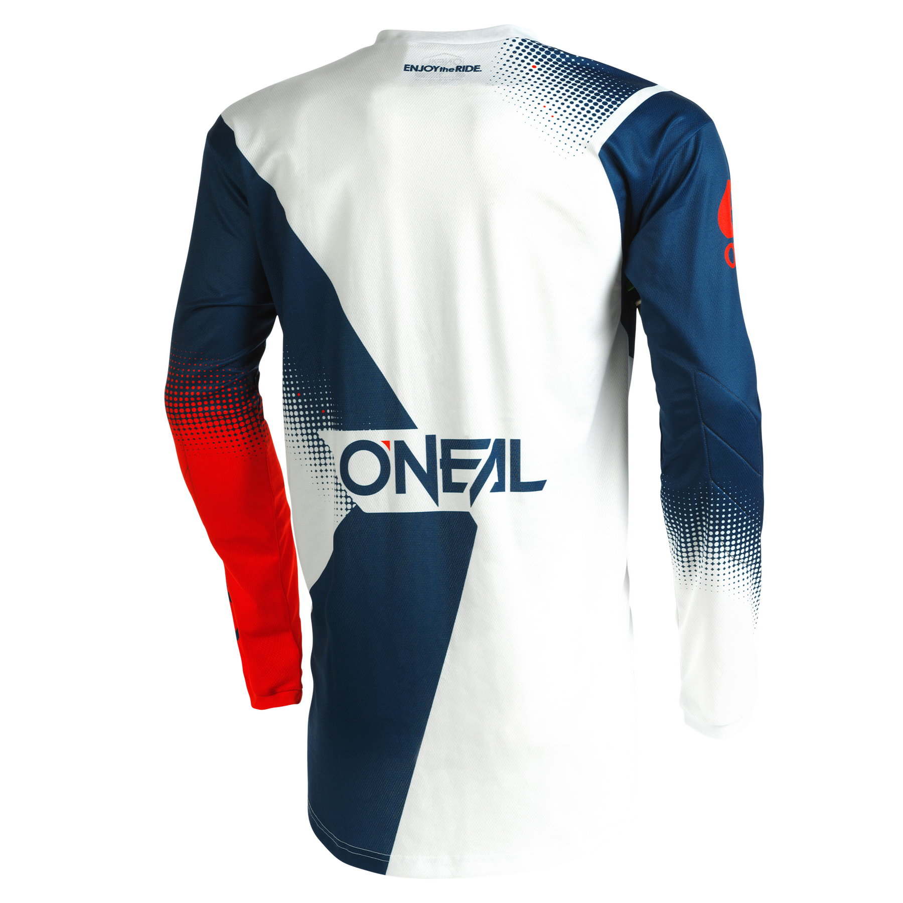 Rückenansicht des O'NEAL ELEMENT Jersey RACEWEAR von O'NEAL mit geometrischem Design in Weiß, Marineblau und Rot. Hergestellt aus atmungsaktivem Material für eine perfekte Passform, mit "O'NEAL" auf dem Rücken und einem meist roten rechten Ärmel.