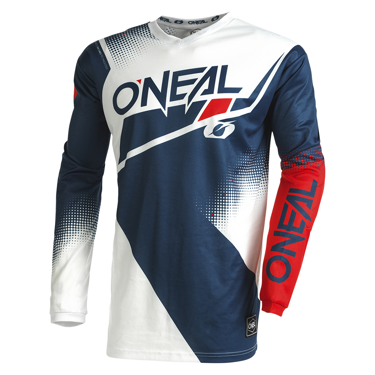 Das O'NEAL ELEMENT Jersey RACEWEAR ist ein langärmeliges Motocross-Trikot mit einem blau-weiß-roten geometrischen Design, atmungsaktivem Material für eine perfekte Passform und einem auffälligen "O'NEAL"-Branding auf der Brust und dem linken Ärmel.