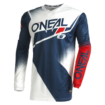Das O'NEAL ELEMENT Jersey RACEWEAR ist ein langärmeliges Motocross-Trikot mit einem blau-weiß-roten geometrischen Design, atmungsaktivem Material für eine perfekte Passform und einem auffälligen "O'NEAL"-Branding auf der Brust und dem linken Ärmel.