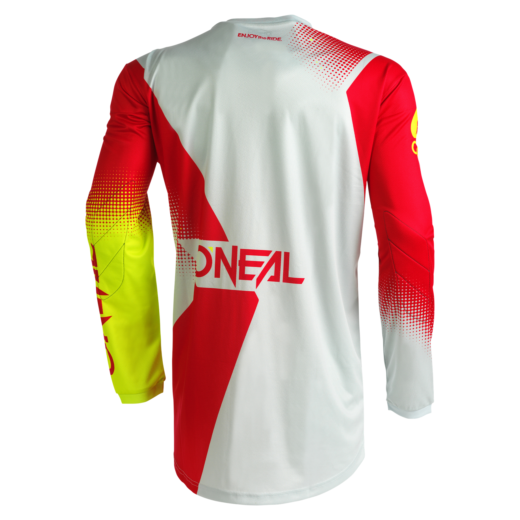 Rückenansicht des O'NEAL ELEMENT Jersey RACEWEAR von O'NEAL mit auffälligen geometrischen Mustern in Rot, Weiß und Gelb. "ONEAL" in Rot auf dem Rücken. Hergestellt aus atmungsaktivem Material für eine perfekte Passform und dauerhaften Komfort.