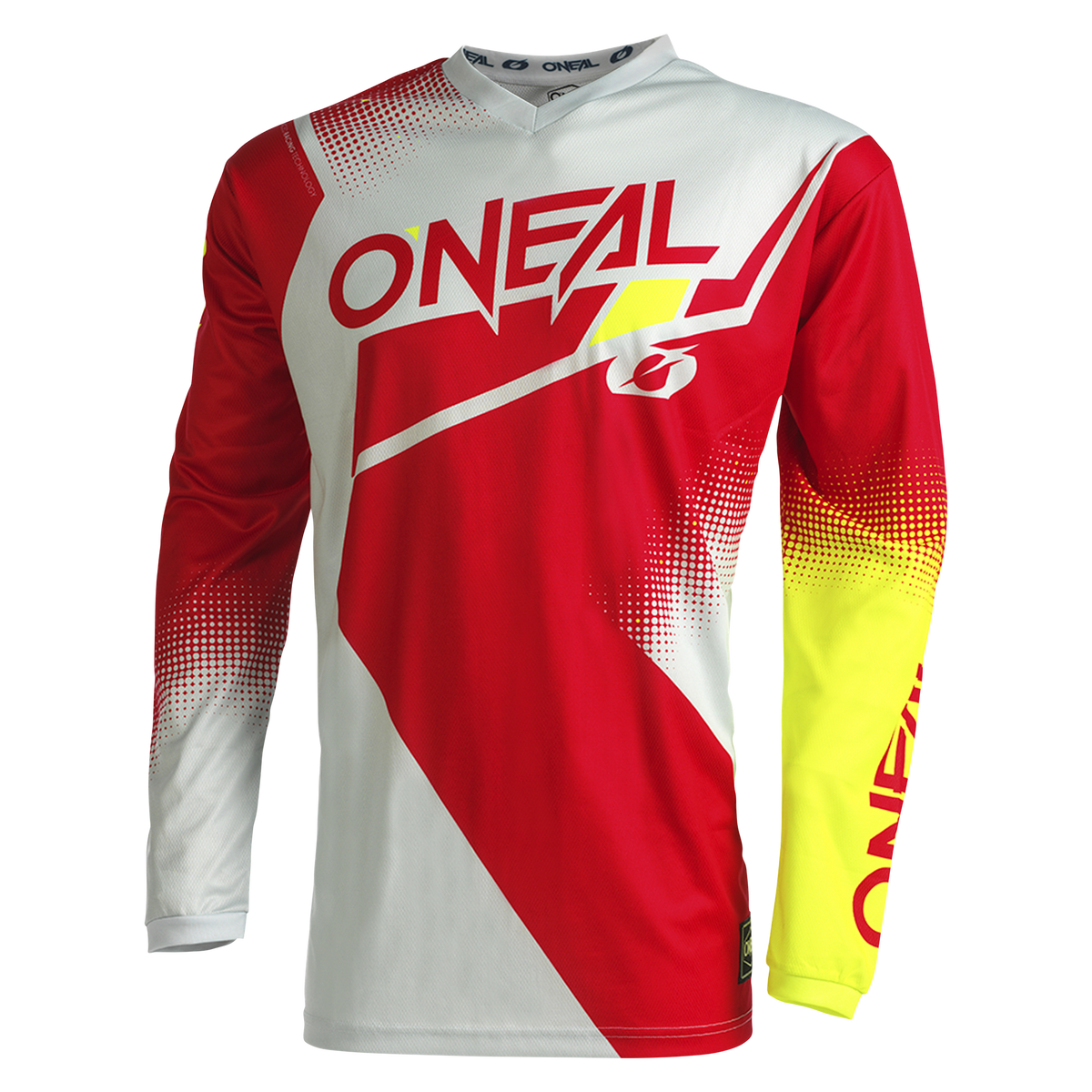 Das O'NEAL ELEMENT Jersey RACEWEAR ist ein langärmeliges Motocross-Trikot von O'NEAL mit einem auffälligen rot-weiß-gelben Design, O'NEAL-Branding und atmungsaktivem Material für Komfort bei jeder Fahrt.