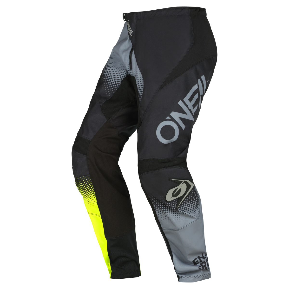 Die O'NEAL ELEMENT Hose RACEWEAR von O'NEAL hat ein schwarzes, graues und neongelbes Design mit dem O'Neal-Logo auf dem Ober- und Unterschenkel und vereint Stil und Schutz für Motorsportbegeisterte.
