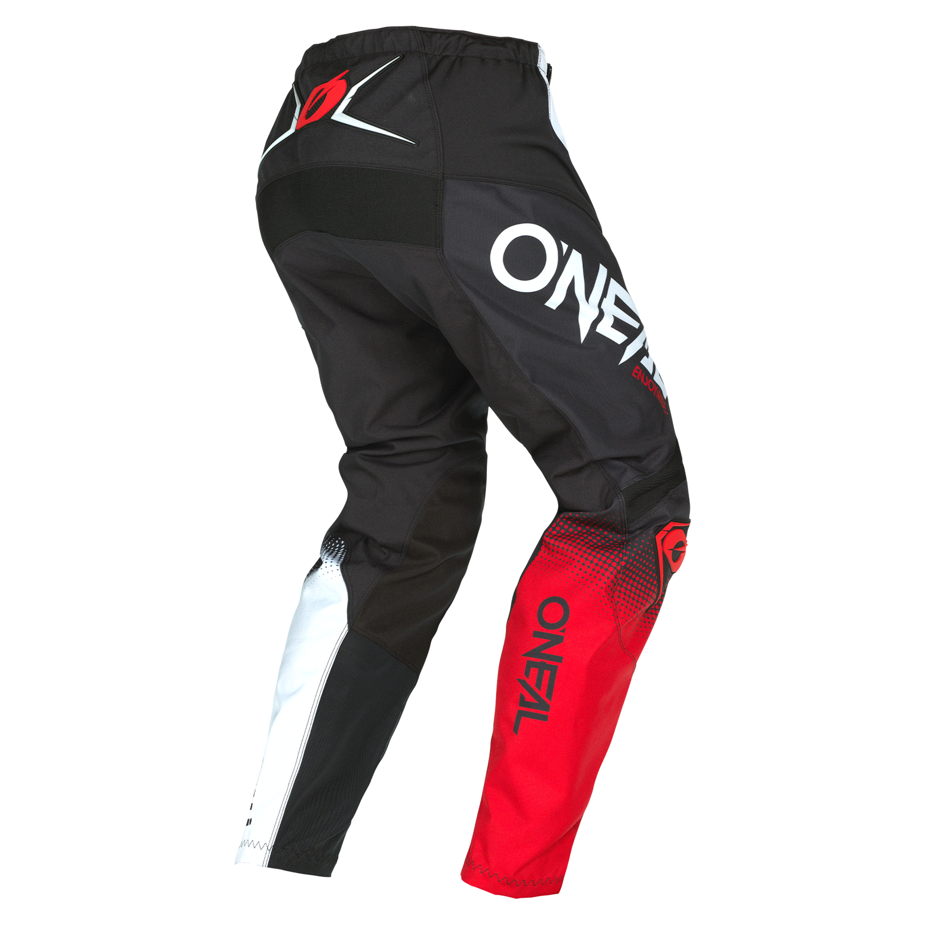 Rückansicht der O'NEAL ELEMENT Hose RACEWEAR von O'NEAL, ideal für den Schutz im Motorsport, mit auffälligem "ONEAL"-Logo, weißem linken Bein, rotem rechten Bein mit "ONEAL"-Schriftzug und markanten schwarzen und roten Akzenten.