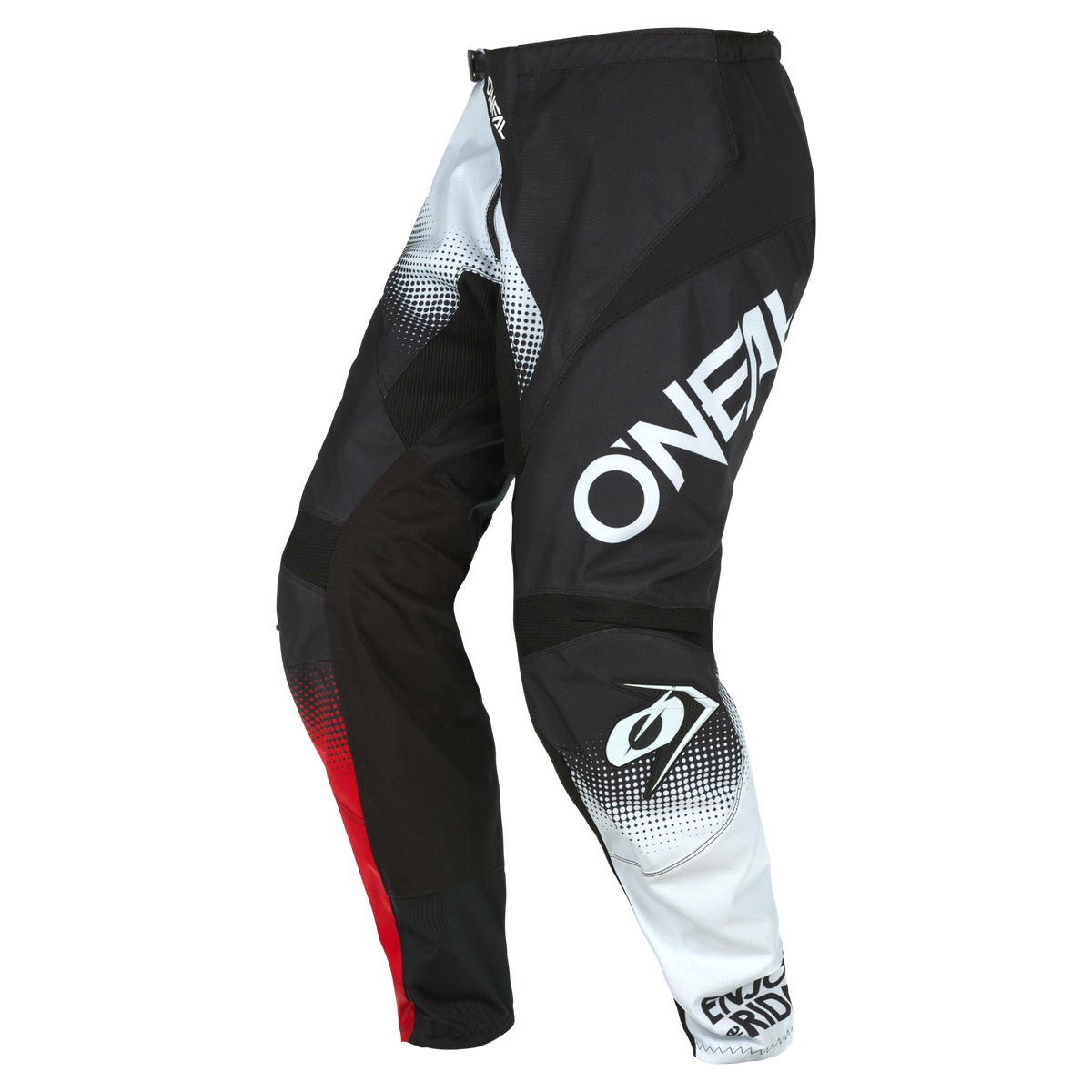 Schwarze, weiße und rote O'NEAL ELEMENT Hose RACEWEAR Hose mit auffälligem Oberschenkellogo, grafischen Mustern und verstärkten Kniepartien - ideal für den Offroad-Motorsport.