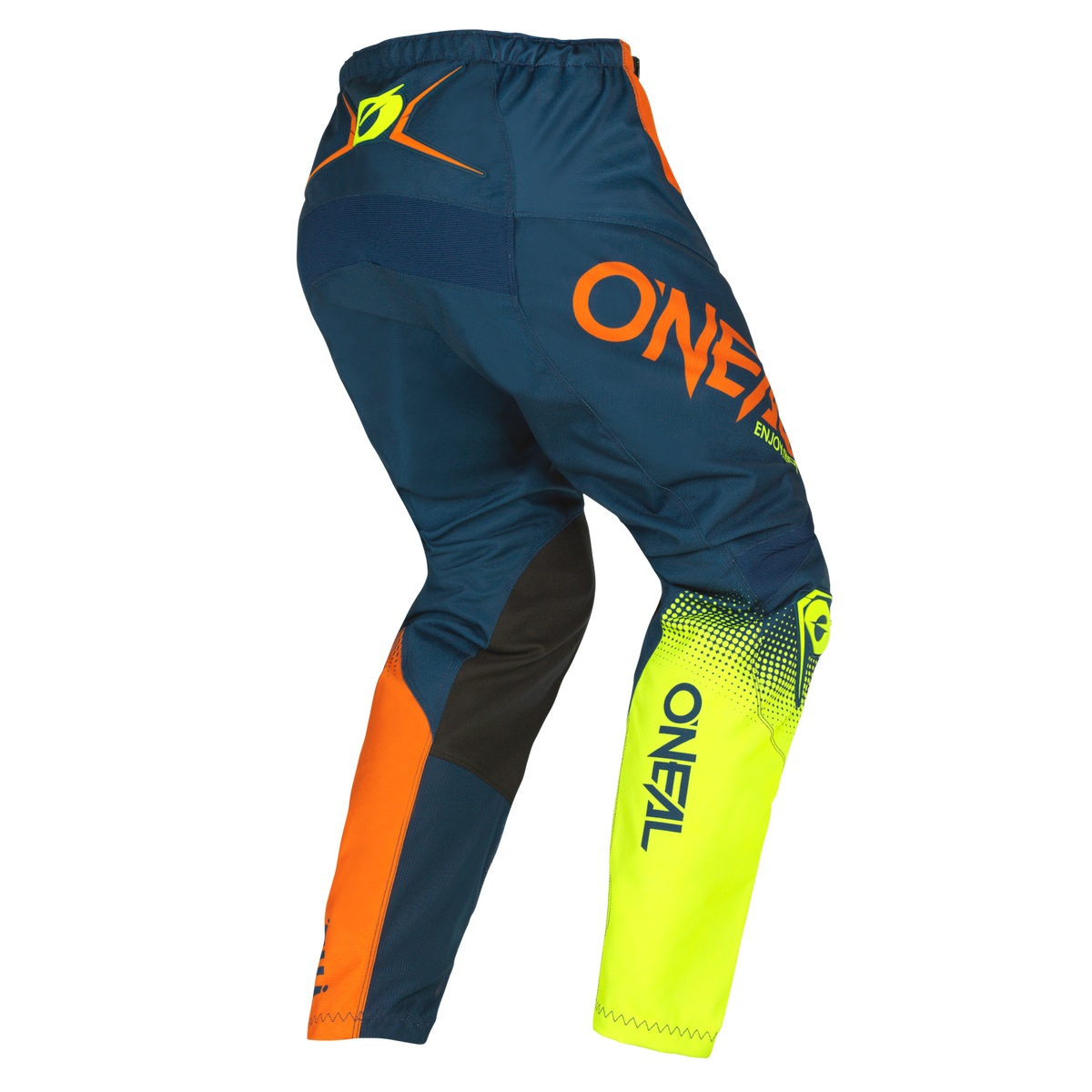 Die O'NEAL ELEMENT Hose RACEWEAR von O'NEAL bietet blaues, orangefarbenes, schwarzes und neongelbes Farbblocking, auffällige Logos, Mesh-Einsätze für Atmungsaktivität und einen elastischen Bund für komfortablen Motorsport-Stil und Schutz.