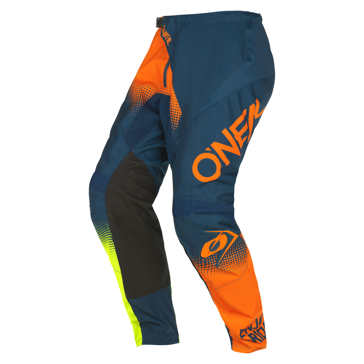Die O'NEAL ELEMENT Hose RACEWEAR zeichnet sich durch blaue, orange und gelbe Farben, einen auffälligen orangefarbenen O'NEAL-Schriftzug, schwarze Knieeinsätze für zusätzlichen Schutz und ein gepunktetes Muster mit Farbverlauf aus - ideal für Motorsportfans.