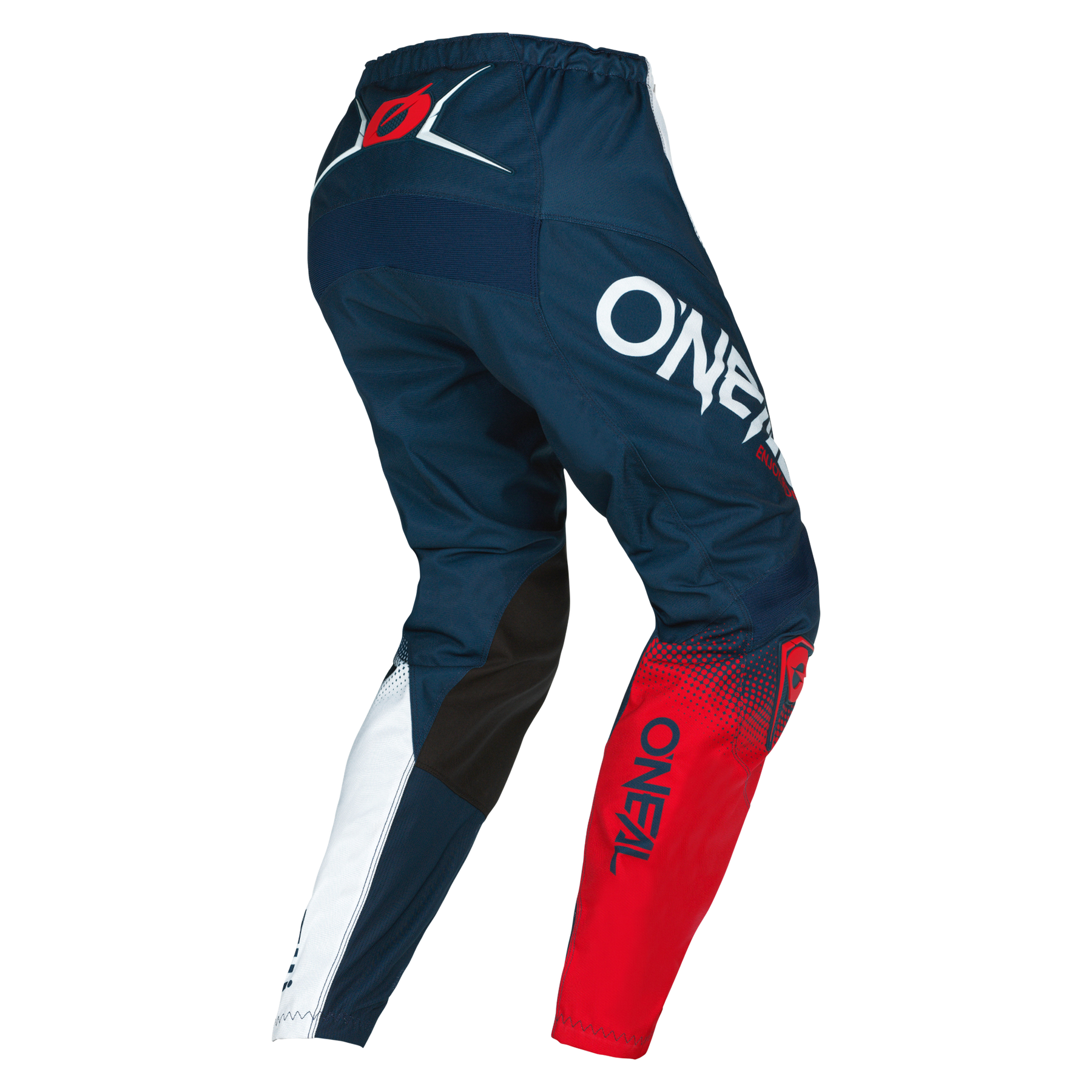 O'NEAL ELEMENT Hose RACEWEAR Hose in Marineblau, Rot, Weiß und Schwarz mit auffälligem geometrischem Beindesign und seitlichem "ONEAL"-Branding - ideal für Motorsportfans. Abgebildet von der Seite und von hinten.