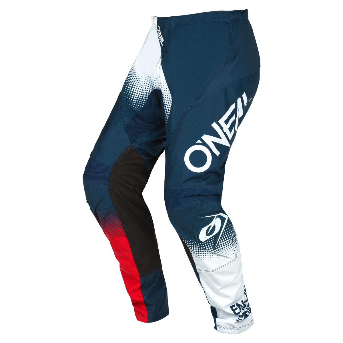 Die O'NEAL ELEMENT Hose RACEWEAR von O'NEAL ist in den Farben Blau, Weiß, Rot und Schwarz gehalten und mit dem "O'NEAL"-Logo auf dem rechten Bein versehen - ideal für Off-Road-Motorsportler oder Motocross-Fahrer, die sowohl Schutz als auch Stil suchen.