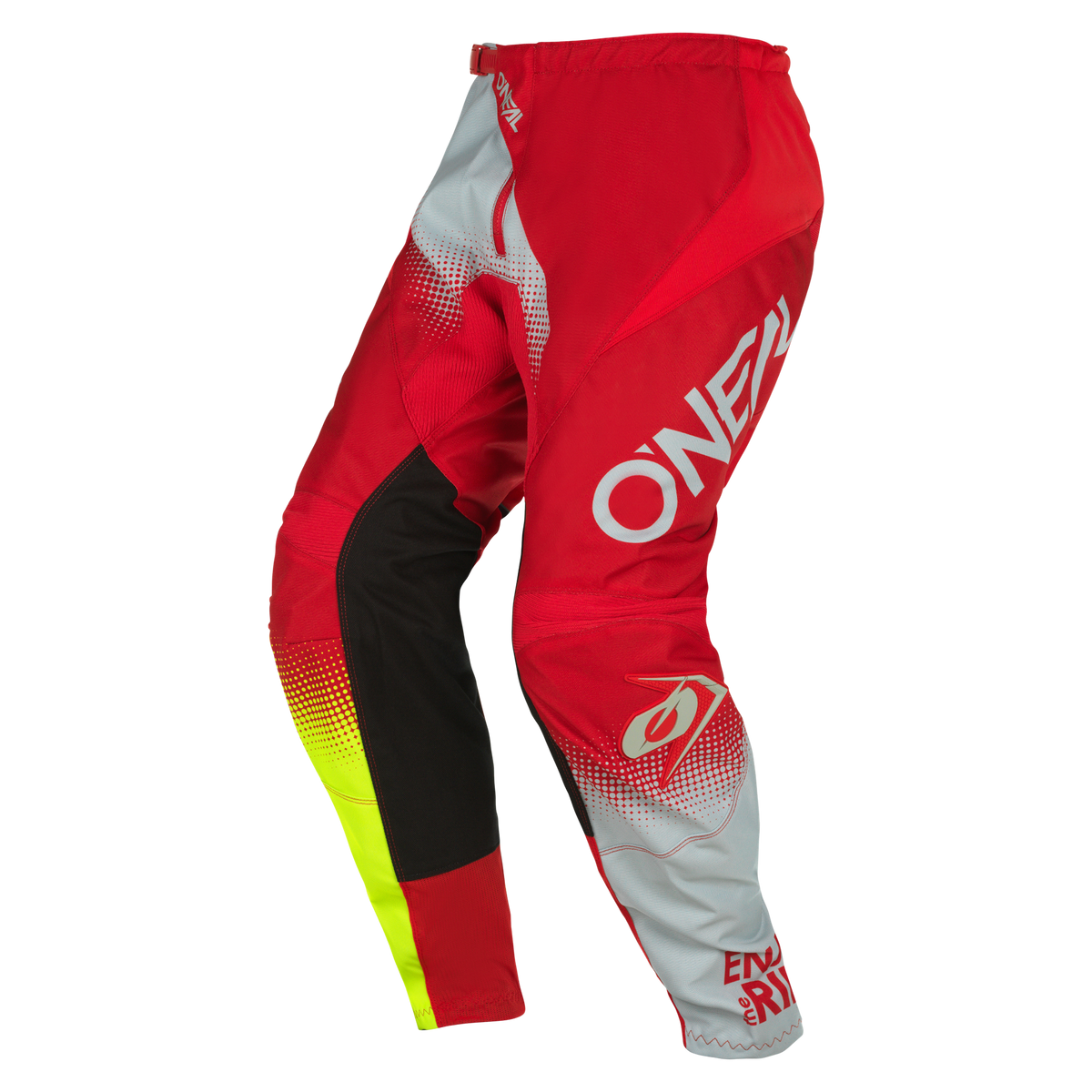 Die O'NEAL ELEMENT Hose RACEWEAR in den Farben Rot, Weiß und Schwarz mit gelben Details und Farbverlaufsdesign verfügt über verstärkte Knie und das O'NEAL-Logo auf dem Oberschenkel - der ideale Schutz für Motorsportfans.