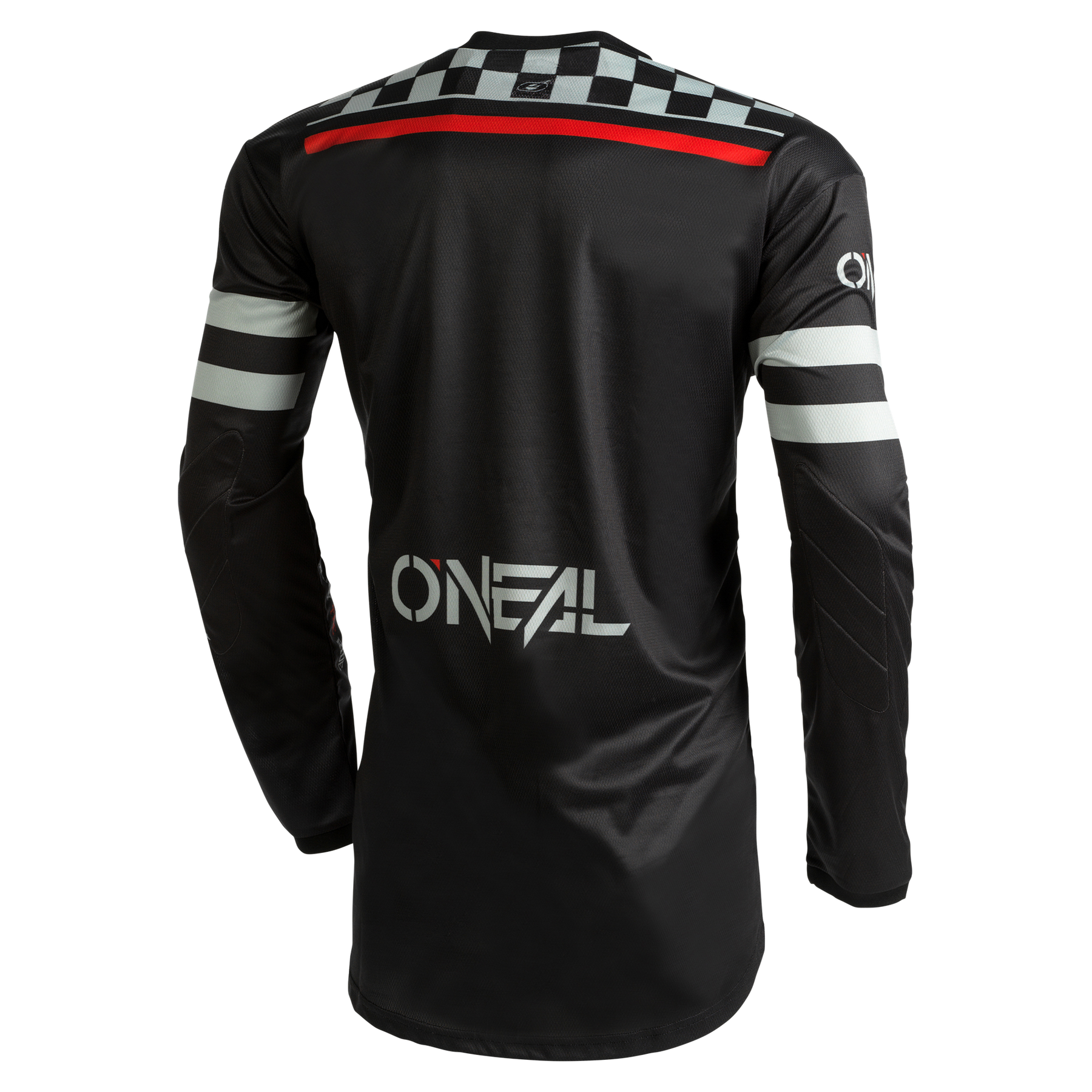 Das schwarze langärmlige Radtrikot O'NEAL ELEMENT Jersey SQUADRON besticht durch weiß-graue Karomuster auf dem oberen Rücken und weiße Streifen an den Ärmeln. Mit „O'NEAL“ in großen weißen Buchstaben auf dem Rücken und einigen roten Highlights sorgt dieses Trikot für einen perfekten Sitz und atmungsaktives Material für Komfort.