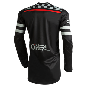 Das schwarze langärmlige Radtrikot O'NEAL ELEMENT Jersey SQUADRON besticht durch weiß-graue Karomuster auf dem oberen Rücken und weiße Streifen an den Ärmeln. Mit „O'NEAL“ in großen weißen Buchstaben auf dem Rücken und einigen roten Highlights sorgt dieses Trikot für einen perfekten Sitz und atmungsaktives Material für Komfort.
