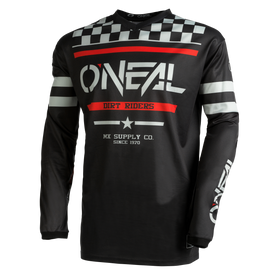 El maillot personalizado O'NEAL Element SQUADRON es un maillot negro de manga larga con gráficos en blanco y rojo, un estampado de cuadros y rayas llamativas, ideal como maillot personalizado para los aficionados al motocross.