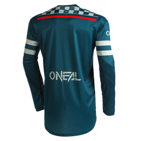 Rückansicht eines langärmligen, blaugrünen O'NEAL ELEMENT Jersey SQUADRON mit weißen und blauen Streifen an Schultern und Ärmeln. „O'Neal“ ist in großem weißen Text über den unteren Rücken gedruckt. Das Trikot verfügt außerdem über ein kariertes Muster und einen roten Streifen in der Nähe des Kragens für perfekten Sitz.