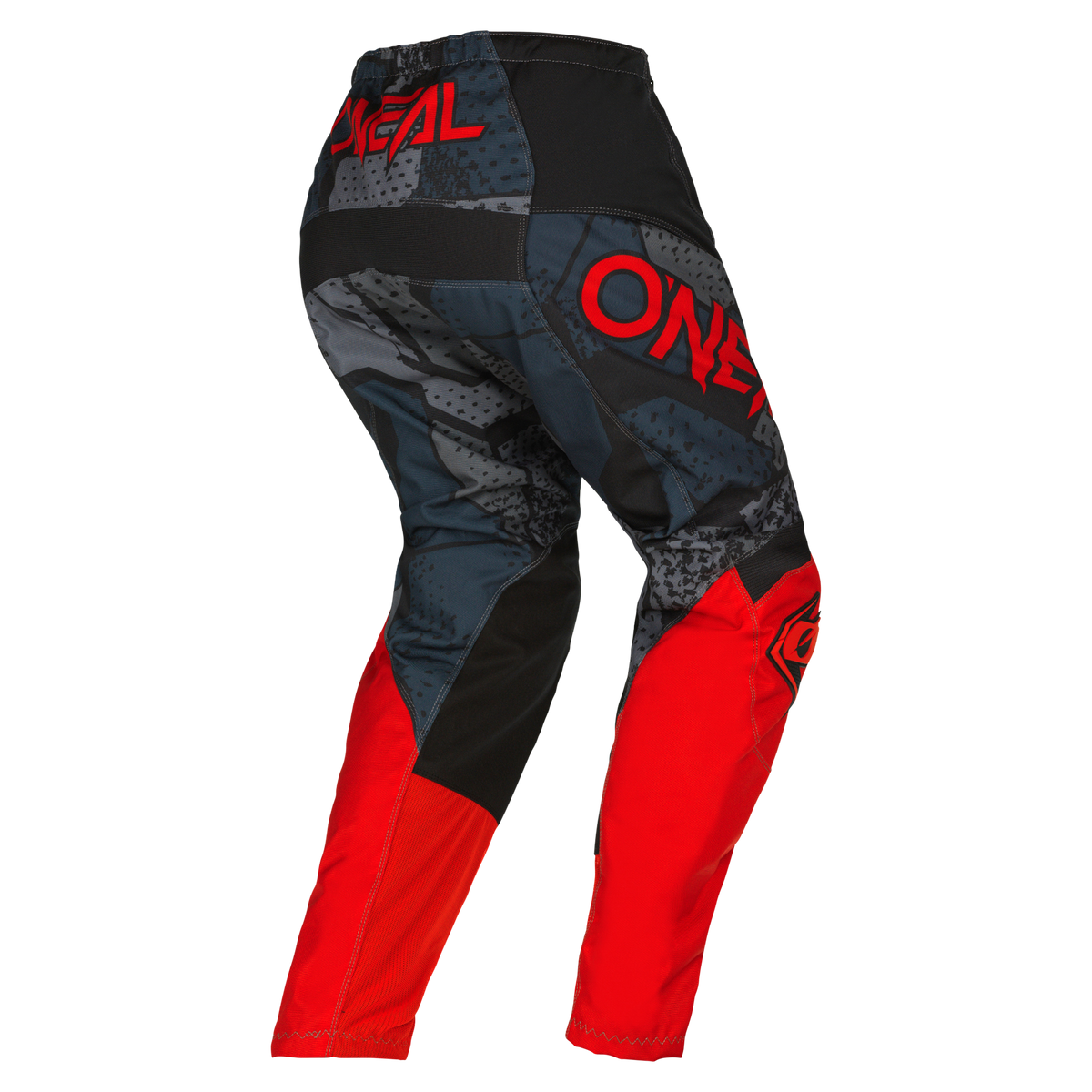 Die O'NEAL ELEMENT Hose CAMO Hose ist in den Farben Schwarz, Grau und Rot gehalten und mit einem auffälligen O'NEAL-Branding und geometrischen Camo-Mustern versehen. Sie bietet einen auffälligen Schutz für den Motorsport - von hinten und von der Seite gesehen.