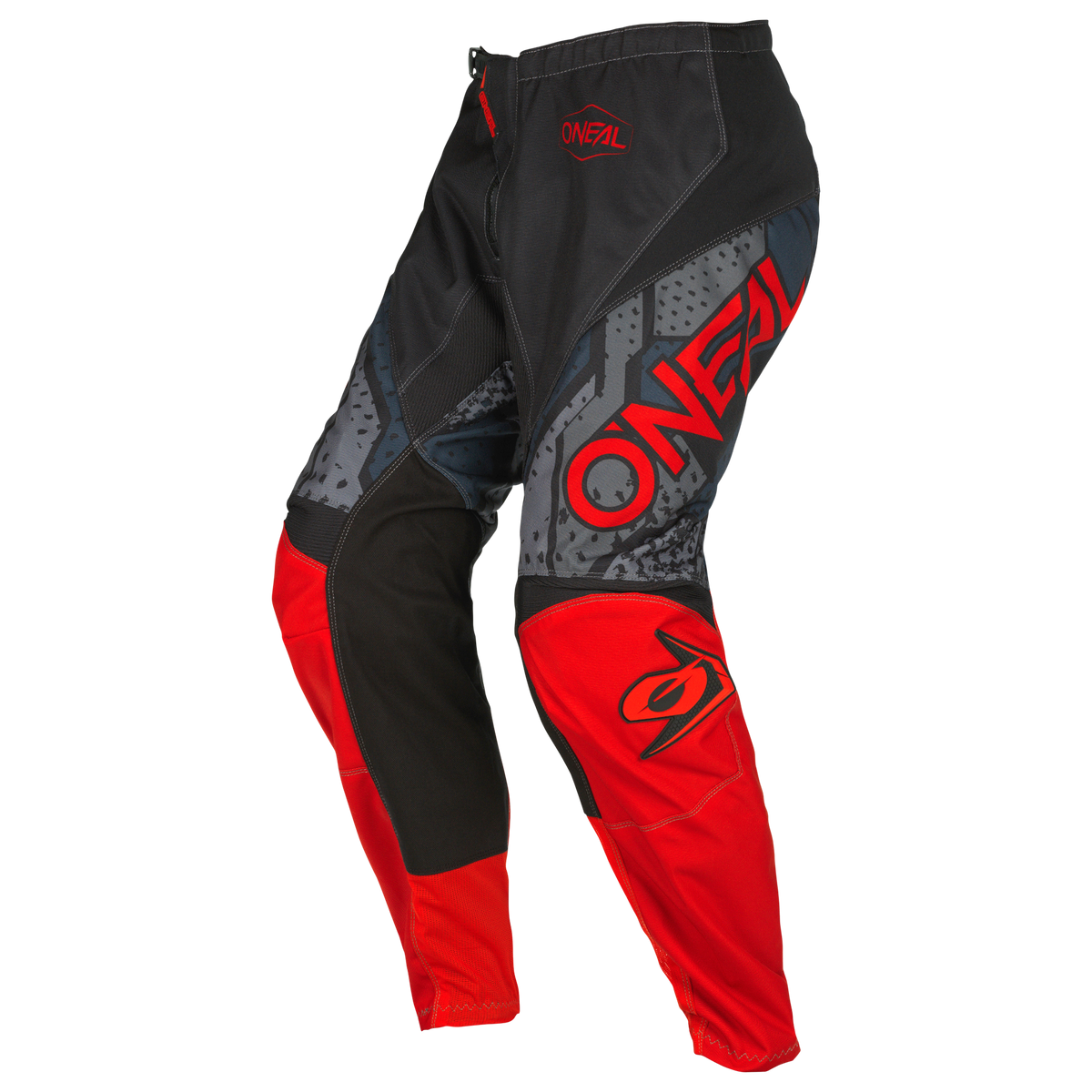 Die O'NEAL ELEMENT Hose CAMO in den Farben Rot, Schwarz und Grau verfügt über auffällige Grafiken, "ONEAL"-Logos auf dem rechten Oberschenkel und dem linken Unterschenkel sowie verstärkte Knieeinsätze für zusätzlichen Schutz - ideal für Motorsportfans.