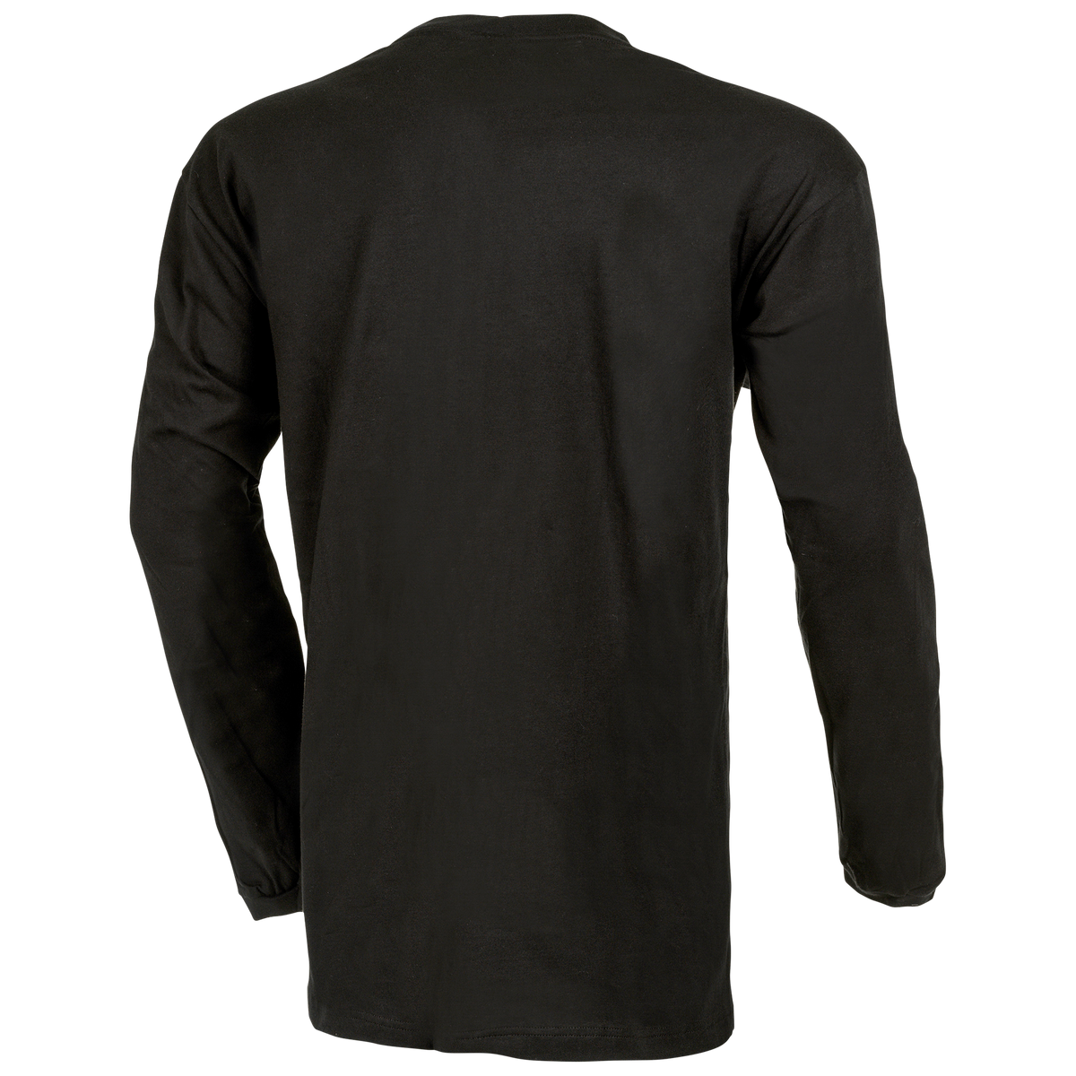 Eine Rückansicht des O'NEAL ELEMENT Cotton Jersey Kinder HEXX in Schwarz, mit langen Ärmeln und aus hochwertigem Baumwollstoff gefertigt. Dieses schlichte Shirt besticht durch ein minimalistisches Design ohne sichtbare Logos oder Muster und verkörpert Komfort. Das geradlinige Design umfasst standardmäßige gerade Schnitte an den Ärmeln und am unteren Saum, die dem weichen Stoff einen leicht taillierten Look verleihen.