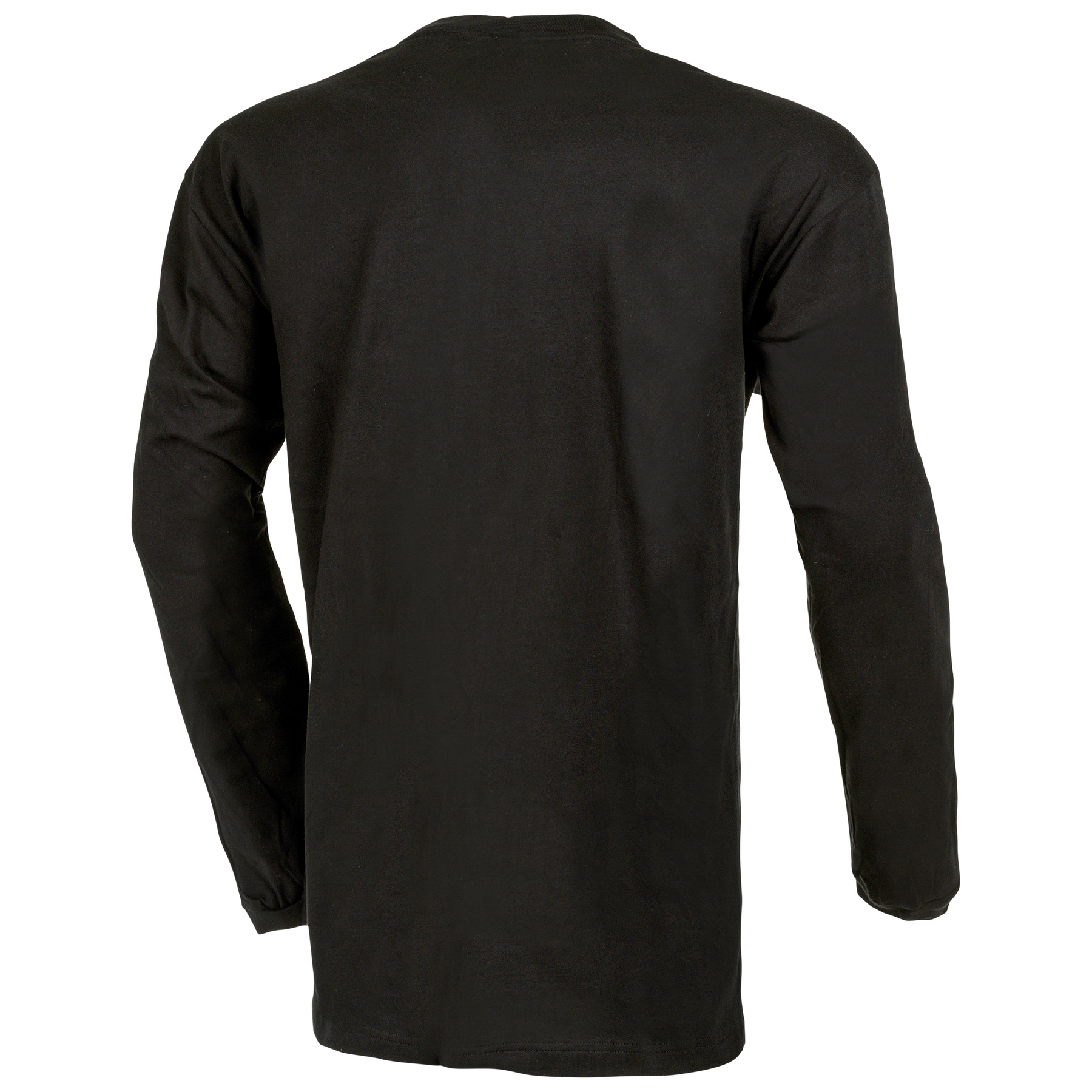 Eine Rückansicht des O'NEAL ELEMENT Cotton Jersey Kinder HEXX in Schwarz, mit langen Ärmeln und aus hochwertigem Baumwollstoff gefertigt. Dieses schlichte Shirt besticht durch ein minimalistisches Design ohne sichtbare Logos oder Muster und verkörpert Komfort. Das geradlinige Design umfasst standardmäßige gerade Schnitte an den Ärmeln und am unteren Saum, die dem weichen Stoff einen leicht taillierten Look verleihen.