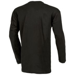 Eine Rückansicht des O'NEAL ELEMENT Cotton Jersey Kinder HEXX in Schwarz, mit langen Ärmeln und aus hochwertigem Baumwollstoff gefertigt. Dieses schlichte Shirt besticht durch ein minimalistisches Design ohne sichtbare Logos oder Muster und verkörpert Komfort. Das geradlinige Design umfasst standardmäßige gerade Schnitte an den Ärmeln und am unteren Saum, die dem weichen Stoff einen leicht taillierten Look verleihen.