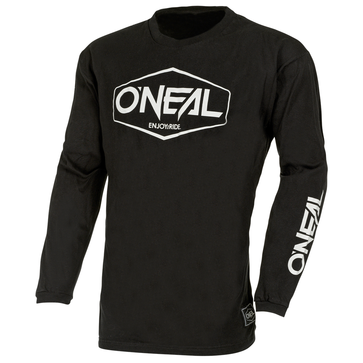 Ein schwarzes Langarmshirt O'NEAL ELEMENT Cotton Jersey Kinder HEXX mit der Marke „O'NEAL“, die in großen weißen Buchstaben in einem Sechseck prominent auf der Brust abgebildet ist. Darunter ist „ENJOYRIDE“ aufgedruckt, was für hervorragenden Tragekomfort sorgt. Der Markenname „O'NEAL“ ist außerdem vertikal in weißen Buchstaben auf dem linken Ärmel aufgedruckt.