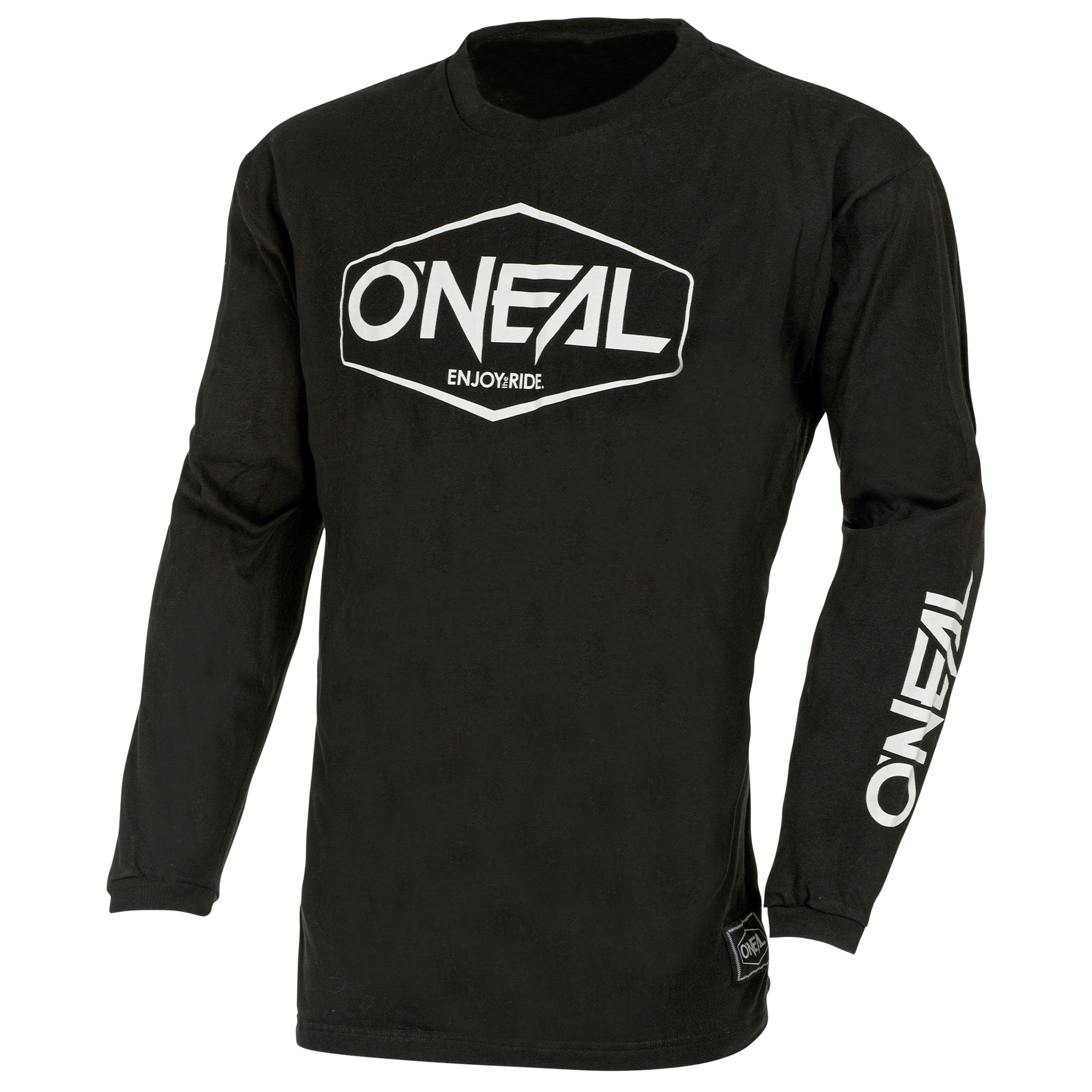 Ein schwarzes Langarmshirt O'NEAL ELEMENT Cotton Jersey Kinder HEXX mit der Marke „O'NEAL“, die in großen weißen Buchstaben in einem Sechseck prominent auf der Brust abgebildet ist. Darunter ist „ENJOYRIDE“ aufgedruckt, was für hervorragenden Tragekomfort sorgt. Der Markenname „O'NEAL“ ist außerdem vertikal in weißen Buchstaben auf dem linken Ärmel aufgedruckt.