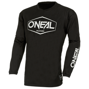 Ein schwarzes Langarmshirt O'NEAL ELEMENT Cotton Jersey Kinder HEXX mit der Marke „O'NEAL“, die in großen weißen Buchstaben in einem Sechseck prominent auf der Brust abgebildet ist. Darunter ist „ENJOYRIDE“ aufgedruckt, was für hervorragenden Tragekomfort sorgt. Der Markenname „O'NEAL“ ist außerdem vertikal in weißen Buchstaben auf dem linken Ärmel aufgedruckt.