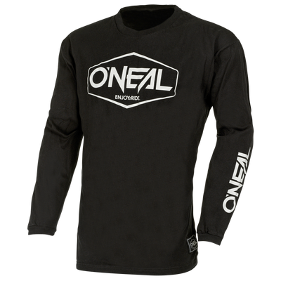 Ein schwarzes Langarmshirt O'NEAL ELEMENT Cotton Jersey Kinder HEXX mit der Marke „O'NEAL“, die in großen weißen Buchstaben in einem Sechseck prominent auf der Brust abgebildet ist. Darunter ist „ENJOYRIDE“ aufgedruckt, was für hervorragenden Tragekomfort sorgt. Der Markenname „O'NEAL“ ist außerdem vertikal in weißen Buchstaben auf dem linken Ärmel aufgedruckt.
