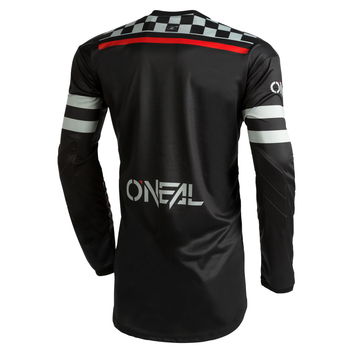 Rückansicht eines O'NEAL Custom Jersey Kinder SQUADRON, mit einem schwarzen Langarmdesign mit weißen und roten Sublimationsstreifen. Der obere Rücken zeigt ein weißes Karomuster, in dessen Mitte der Markenname „O'Neal“ in großen weißen Buchstaben deutlich sichtbar aufgedruckt ist. Die Ärmel sind im Ellbogenbereich mit weißen und schwarzen Streifen akzentuiert.