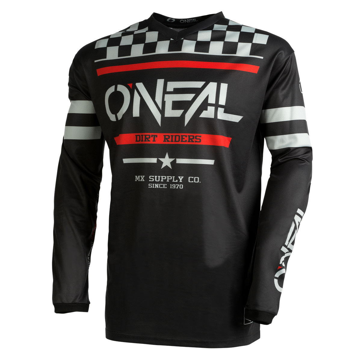 Ein schwarzes Langarm-Motocross-Trikot mit weißen, roten und grauen Akzenten. Auf der Vorderseite sind die Texte „O'NEAL“ und „Dirt Riders“ mit einem Stern zu sehen. Karierte Streifen rahmen die Schultern ein. Die Ärmel haben kräftige weiße und rote Designs sowie das O'NEAL-Logo, alles im Sublimationsdruckverfahren hergestellt, um dem O'NEAL Custom Jersey Kinder SQUADRON einen individuellen Look zu verleihen.