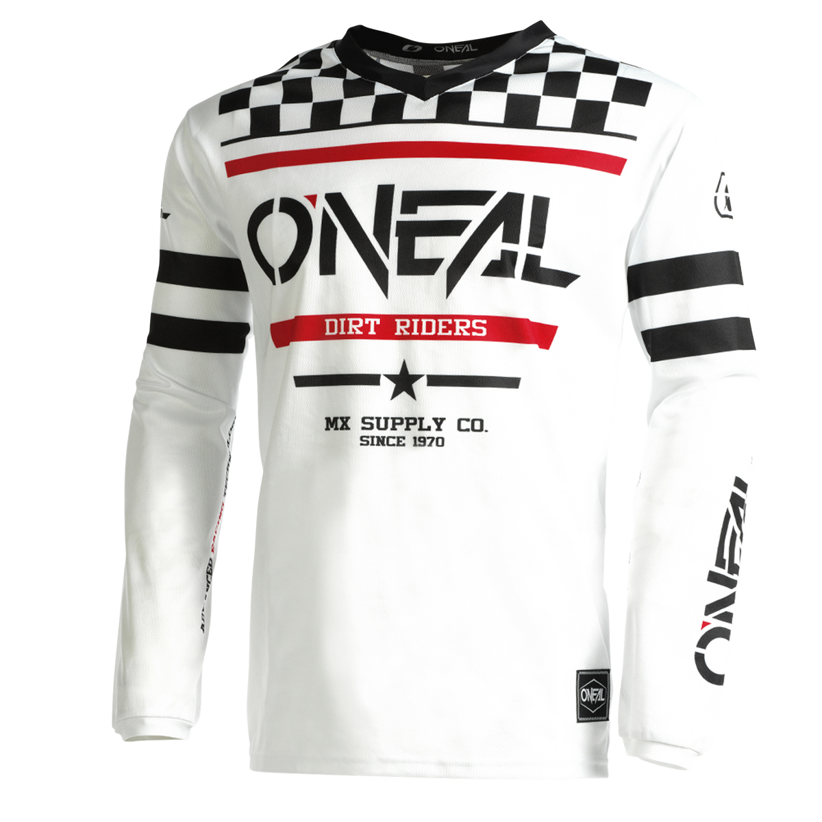 Das O'NEAL Custom Jersey Kinder SQUADRON ist ein weißes Langarm-Motocross-Trikot mit dem auffälligen „O'NEAL“-Schriftzug in schwarzer und roter Schrift auf der Vorderseite. Es ist im hochwertigen Sublimationsverfahren gefertigt und verfügt über ein kariertes Muster über die Schultern sowie verschiedene Text- und Grafikelemente zum Thema Motocross.