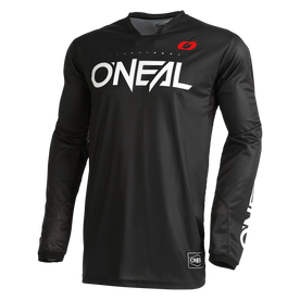 Le maillot personnalisé O'NEAL HARDWEAR ELITE se caractérise par une inscription blanche accrocheuse "ONEAL" sur fond noir, des inserts en maille respirante et un logo rouge en forme de "O" sur le col - parfait pour les riders qui recherchent un maillot unique et performant.