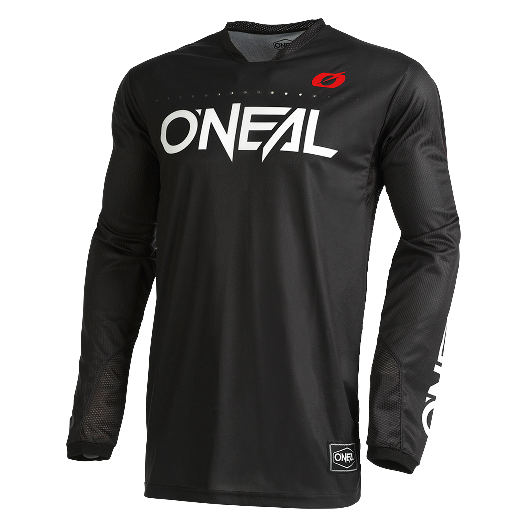 Wir präsentieren das O'NEAL HARDWEAR Jersey ELITE: ein elegantes schwarzes Langarmtrikot von O'NEAL mit auffälligem weißen Branding auf Brust und Unterarmen. Es verfügt über ein dezentes rotes Detail am Kragen und ein O'NEAL-Logo am Saum. Es ist aus hochwertigem Hochleistungsgewebe gefertigt und verfügt über atmungsaktive Mesh-Einsätze an den Ärmeln für optimalen Komfort.