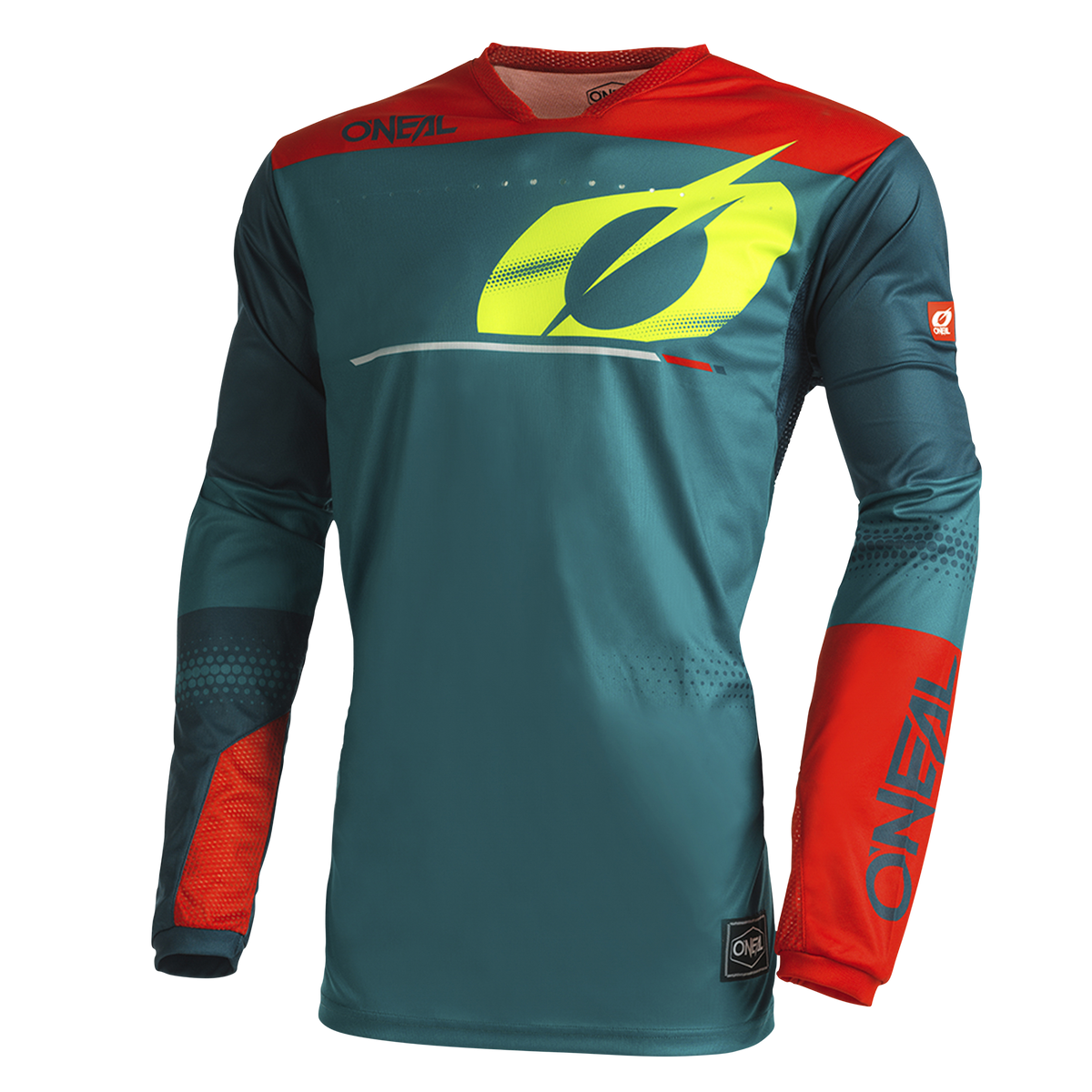 Das O'NEAL HARDWEAR Jersey HAZE ist ein langärmliges Motocross-Trikot in Blaugrün und Rot mit dem Markennamen „O'NEAL“ deutlich sichtbar auf Brust und Ärmeln. Es enthält geometrische Muster mit auffälligen blaugrünen, roten und gelben Akzenten, um ernsthaften Motorradfans Hochleistungsqualität zu demonstrieren.