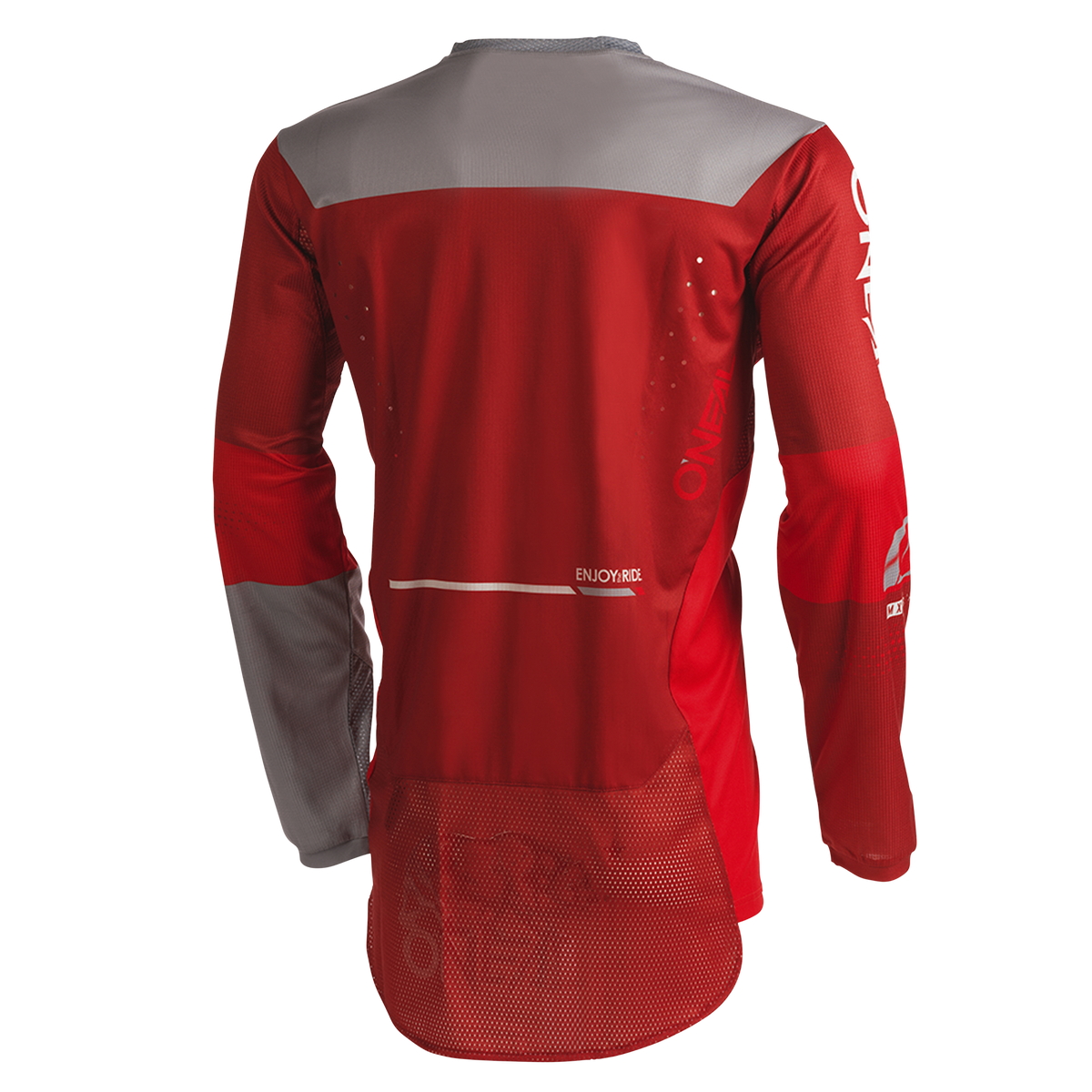 Ein rot-graues Langarm-Sporttrikot mit den Worten „ENJOY RIDE“ auf dem unteren Rücken. Dieses O'NEAL HARDWEAR Jersey HAZE verfügt über Belüftungslöcher und einen Mesh-Einsatz auf der Rückseite für Atmungsaktivität. Das leistungsstarke Qualitätsmaterial ist feuchtigkeitsableitend und perfekt zum Radfahren oder für andere Sportarten geeignet.