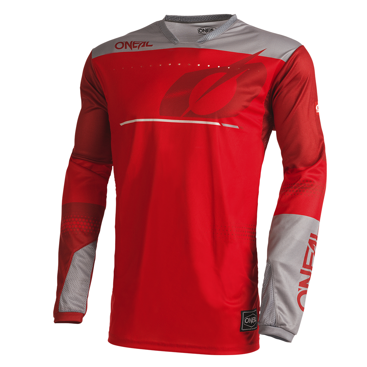 Das O'NEAL HARDWEAR Jersey HAZE ist ein rot-graues Langarm-Motocross-Trikot mit dem O'NEAL-Markenlogo und Designakzenten in Weiß und Grau. Es enthält den Aufdruck „ONEAL“ in der Nähe der rechten Schulter und unten links am Saum. Dieses für Fahrradbegeisterte konzipierte Hochleistungsgewebe ist leicht und atmungsaktiv.