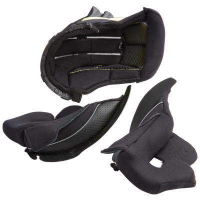 Das Bild zeigt die zerlegten Komponenten eines O'NEAL Liner & Cheek Pads M-SRS Helms. Die Teile umfassen das Innenfutter, Wangenpolster und verschiedene interne Schutzelemente, die alle für Komfort und Sicherheit gepolstert zu sein scheinen.