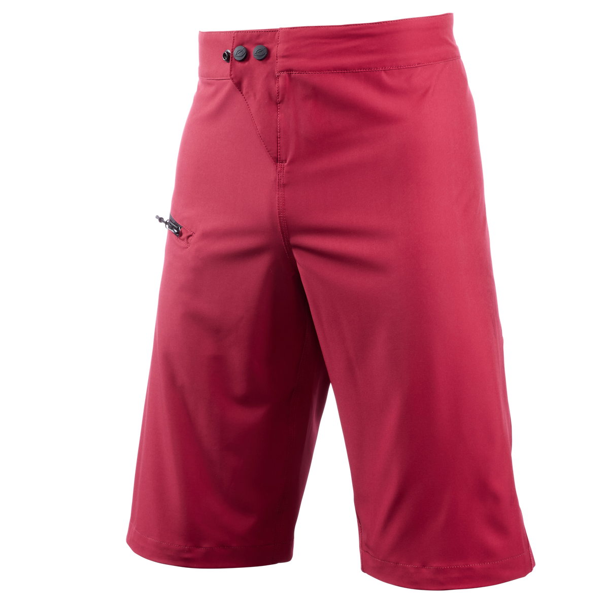 Ein Paar rote, knielange O'NEAL MATRIX Shorts mit zwei schwarzen Knöpfen am Bund und einer kleinen Reißverschlusstasche auf der linken Seite. Die von O'NEAL hergestellten Shorts zeichnen sich durch eine glatte Oberfläche und eine leicht taillierte Passform aus und sind daher ideal für Mountainbike-Enthusiasten. Das Foto wurde vor einem schlichten weißen Hintergrund aufgenommen.

