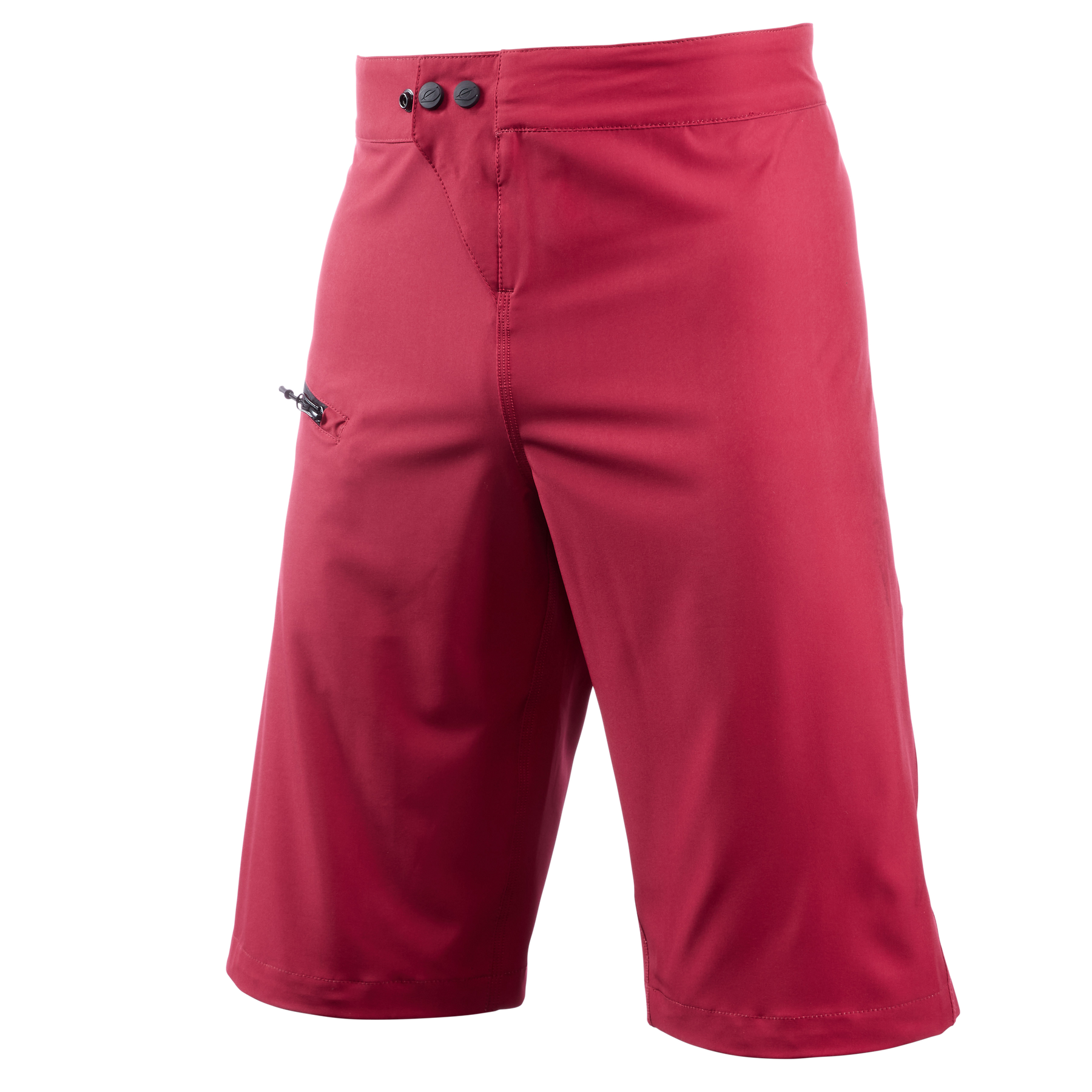 Ein Paar rote, knielange O'NEAL MATRIX Shorts mit zwei schwarzen Knöpfen am Bund und einer kleinen Reißverschlusstasche auf der linken Seite. Die von O'NEAL hergestellten Shorts zeichnen sich durch eine glatte Oberfläche und eine leicht taillierte Passform aus und sind daher ideal für Mountainbike-Enthusiasten. Das Foto wurde vor einem schlichten weißen Hintergrund aufgenommen.

