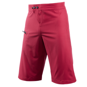 Ein Paar rote, knielange O'NEAL MATRIX Shorts mit zwei schwarzen Knöpfen am Bund und einer kleinen Reißverschlusstasche auf der linken Seite. Die von O'NEAL hergestellten Shorts zeichnen sich durch eine glatte Oberfläche und eine leicht taillierte Passform aus und sind daher ideal für Mountainbike-Enthusiasten. Das Foto wurde vor einem schlichten weißen Hintergrund aufgenommen.

