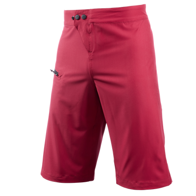 Ein Paar rote, knielange O'NEAL MATRIX Shorts mit zwei schwarzen Knöpfen am Bund und einer kleinen Reißverschlusstasche auf der linken Seite. Die von O'NEAL hergestellten Shorts zeichnen sich durch eine glatte Oberfläche und eine leicht taillierte Passform aus und sind daher ideal für Mountainbike-Enthusiasten. Das Foto wurde vor einem schlichten weißen Hintergrund aufgenommen.

