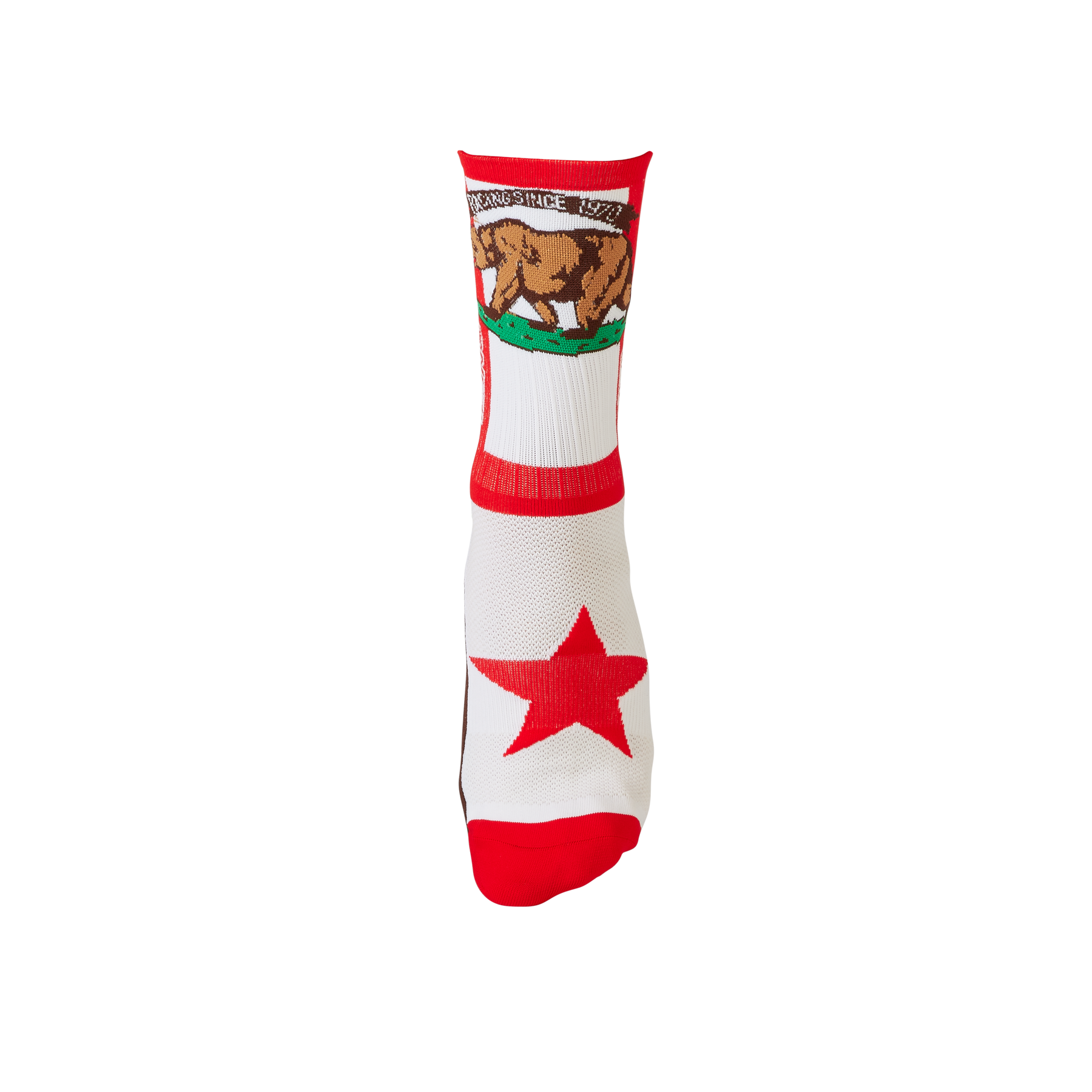 Die O'NEAL MTB Performance Socke CALIFORNIA von O'NEAL ist eine einzelne weiße Socke mit roter Spitze und Ferse, mit einem roten Stern am Fuß und der kalifornischen Staatsflagge – einschließlich eines Bären und den Worten „California Republic“ – am Wadenbereich. Genieße verlässlicher Schutz und extra starken Halt mit diesem Design.