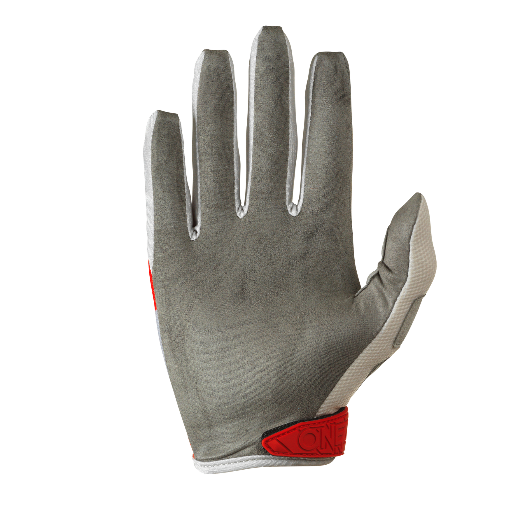 Der O'NEAL MAYHEM Handschuh RIDER von O'NEAL ist ein grauer Mountainbike-Handschuh mit roten Akzenten am Handgelenk und an der Seite. Er ist mit der Handfläche nach oben und mit ausgestreckten Fingern auf einem schwarzen Hintergrund abgebildet.