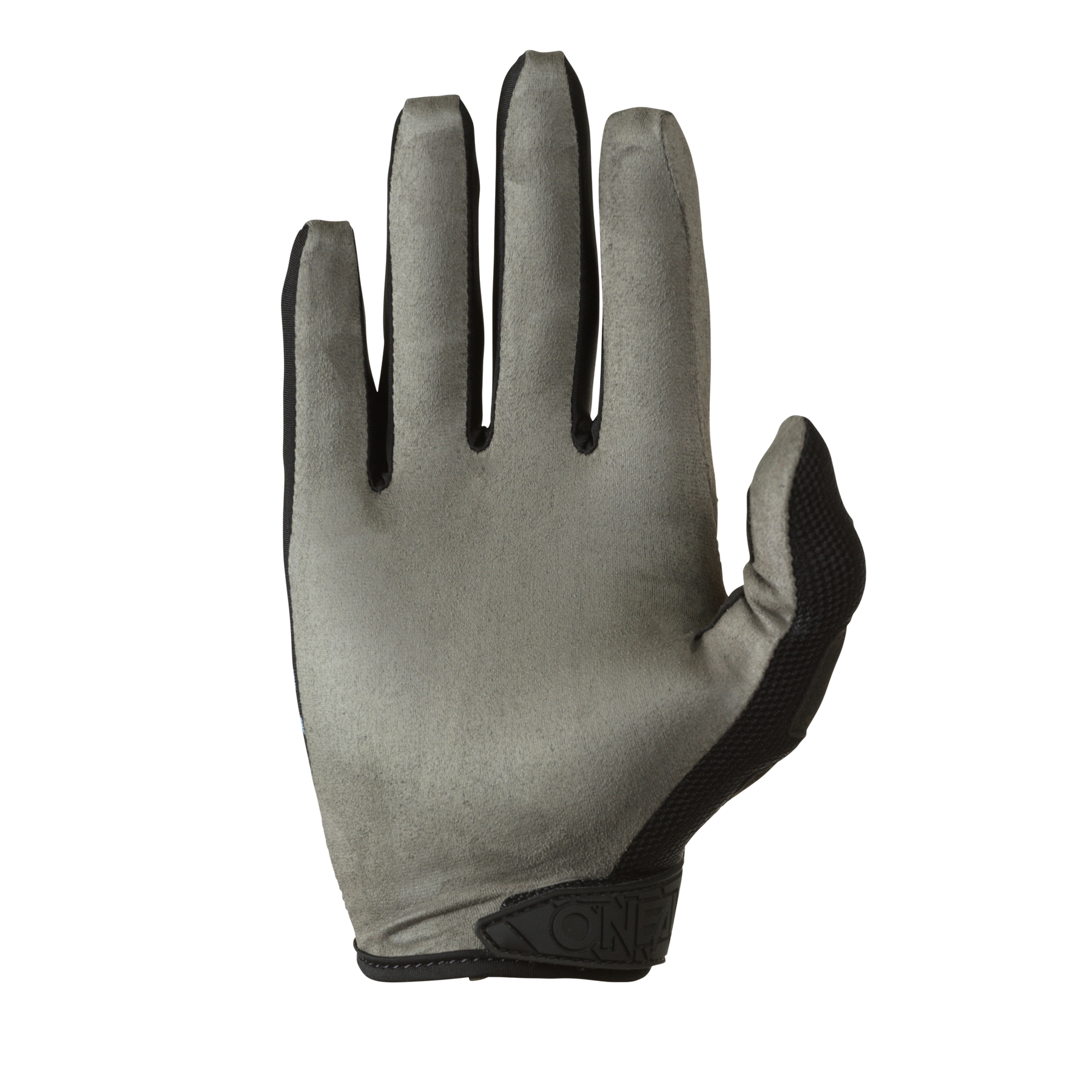 Ein O'NEAL MAYHEM Handschuh SCARZ von O'NEAL ist offen, mit der Handfläche nach oben, auf einem weißen Hintergrund abgebildet. Der graue Handschuh mit schwarzem Besatz hat ein strapazierfähiges, weiches Material und eine leicht strukturierte Oberfläche.