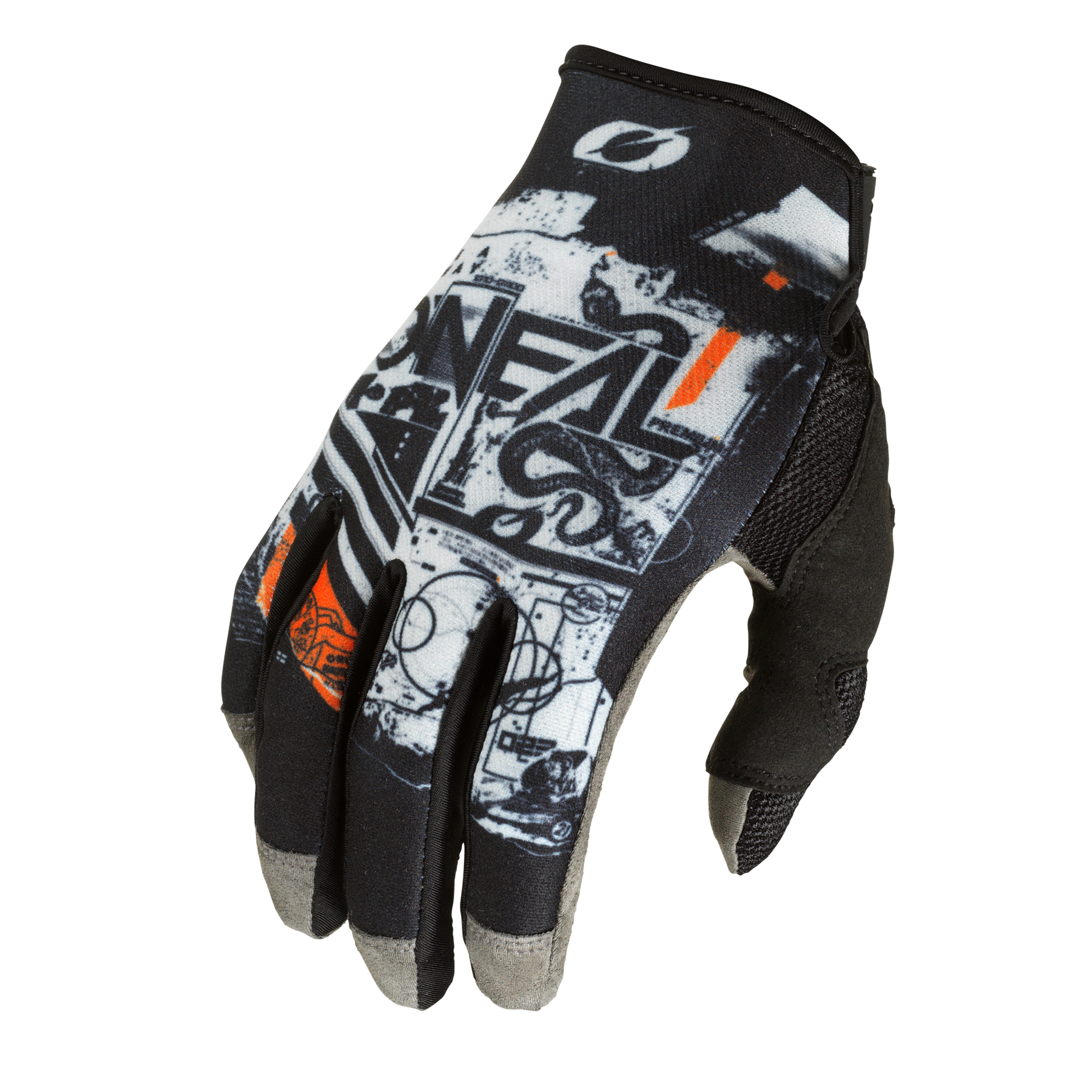 Der O'NEAL MAYHEM Handschuh SCARZ von O'NEAL ist ein schwarz-grauer Handschuh mit grafischen Motiven, weißen und orangefarbenen Akzenten, strukturierten Fingerspitzen und einem Klettverschluss am Handgelenk, der für lange Haltbarkeit sorgt.