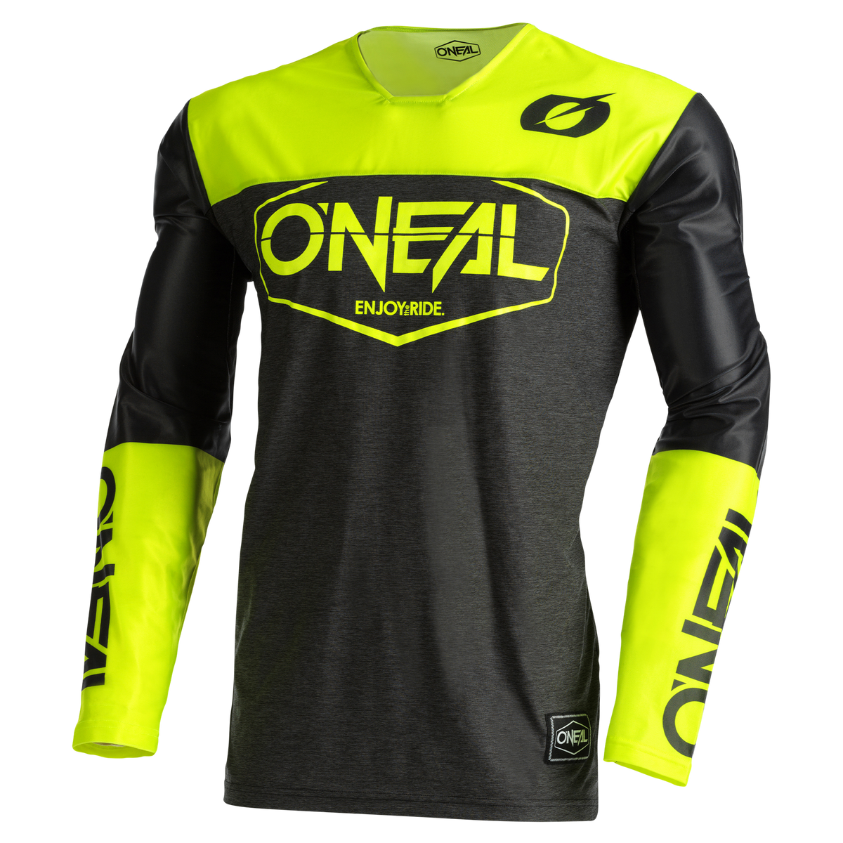 Das O'NEAL MAYHEM Jersey HEXX ist ein leistungsstarkes Langarmtrikot, das sich durch eine auffällige Mischung aus Neongelb und Dunkelgrau auszeichnet. Das O'NEAL-Logo ist auf der Vorderseite, den oberen Ärmeln und den Handgelenken deutlich zu sehen. Unter dem Hauptlogo hebt der Text „ENJOY RIDE.“ seine Funktionalität hervor.